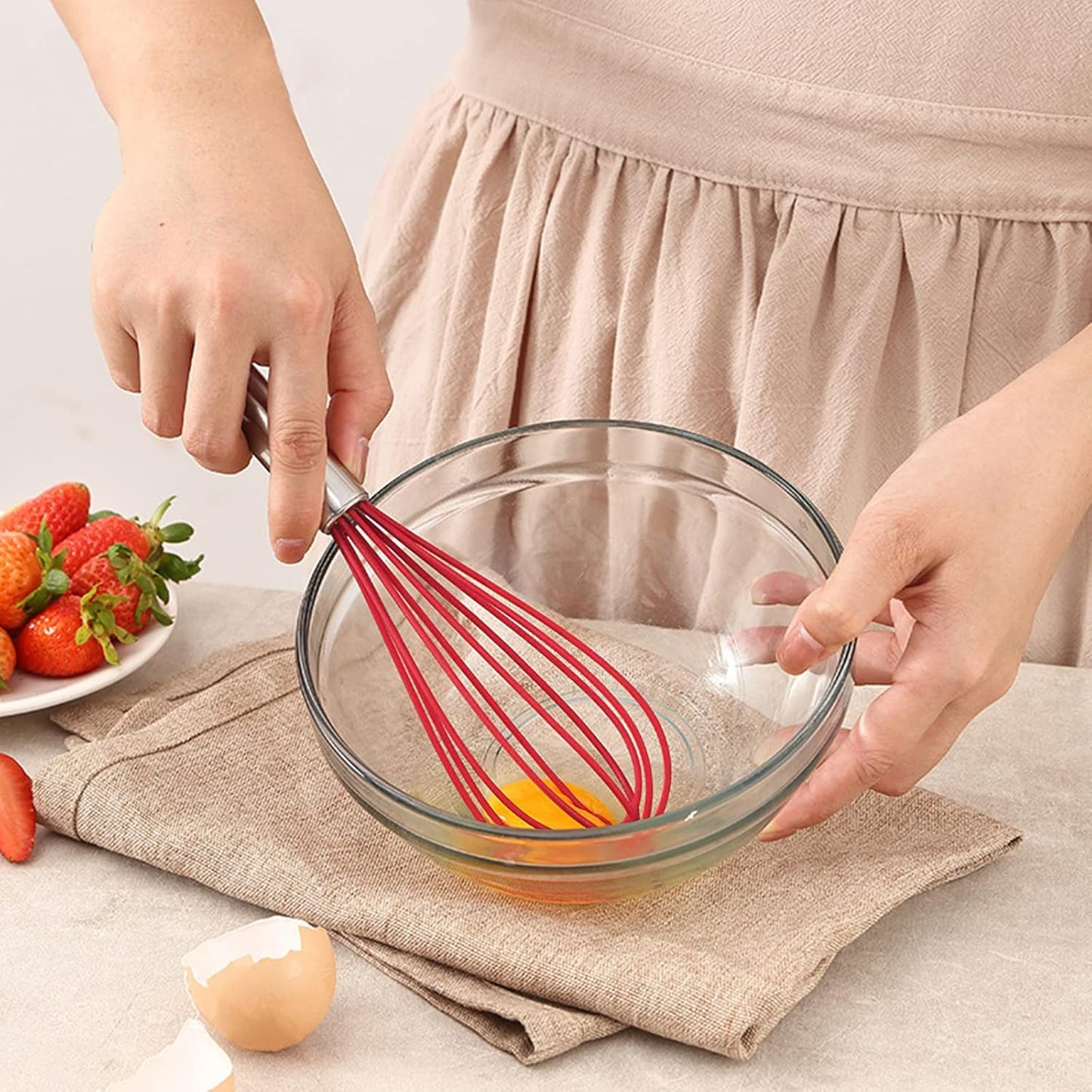 NileHome Commercial Stainless Steel Whisk Set, 3 Pack Small Whisks (8" 10" 12") with Silicone Non-Stick Coating (Red)