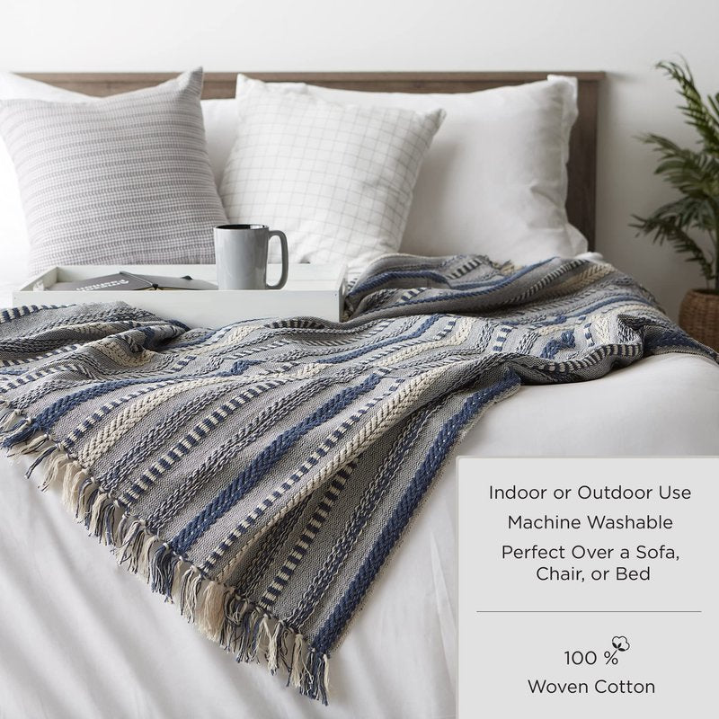 DII Navy Stripe Homespun Throw, 50x60 with 2.5" Fringe