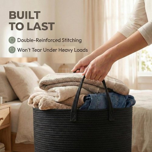 JMvicyroam 65L Extra Large Blanket Basket - Woven Cotton Rope Laundry Hamper with Reinforced Handles | Machine Washable Black Storage Bin for Pillows, Comforters & Toys