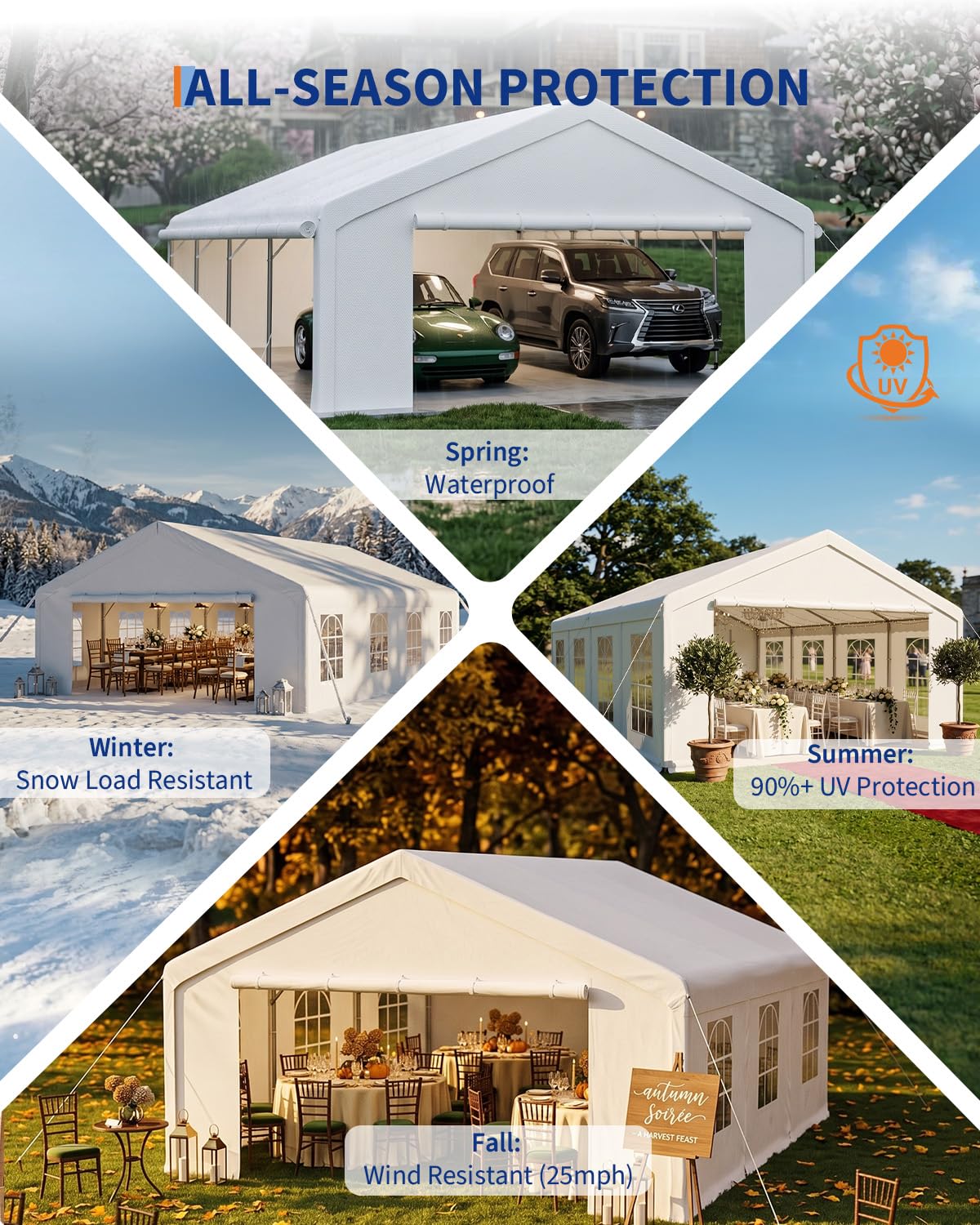 20x33 ft Heavy Duty Party Tent, Upg20x33 ft Heraded Galvanized Steel Frame Outdoor Canopy, with Mesh Screen & PE Roll-Up Double Doors, Removable Sidewalls and Windows, Wedding Event Commercial Carport