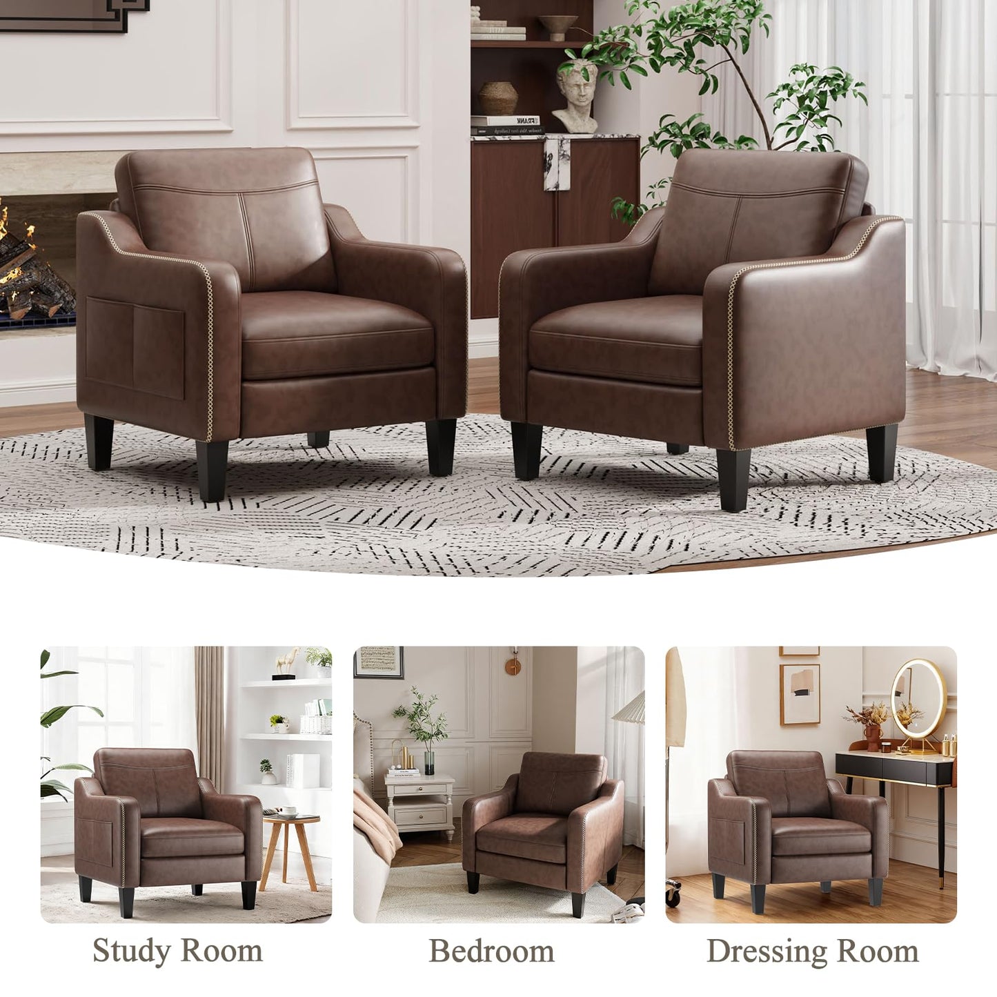 MALOL PU Leather Accent Chair Set of 2, Mid-Century Modern Living Room Armchair Sofa with Removable Cushions & Stitched Armrest Design, Bedroom Chair with Plastic Legs, Chocolate Brown