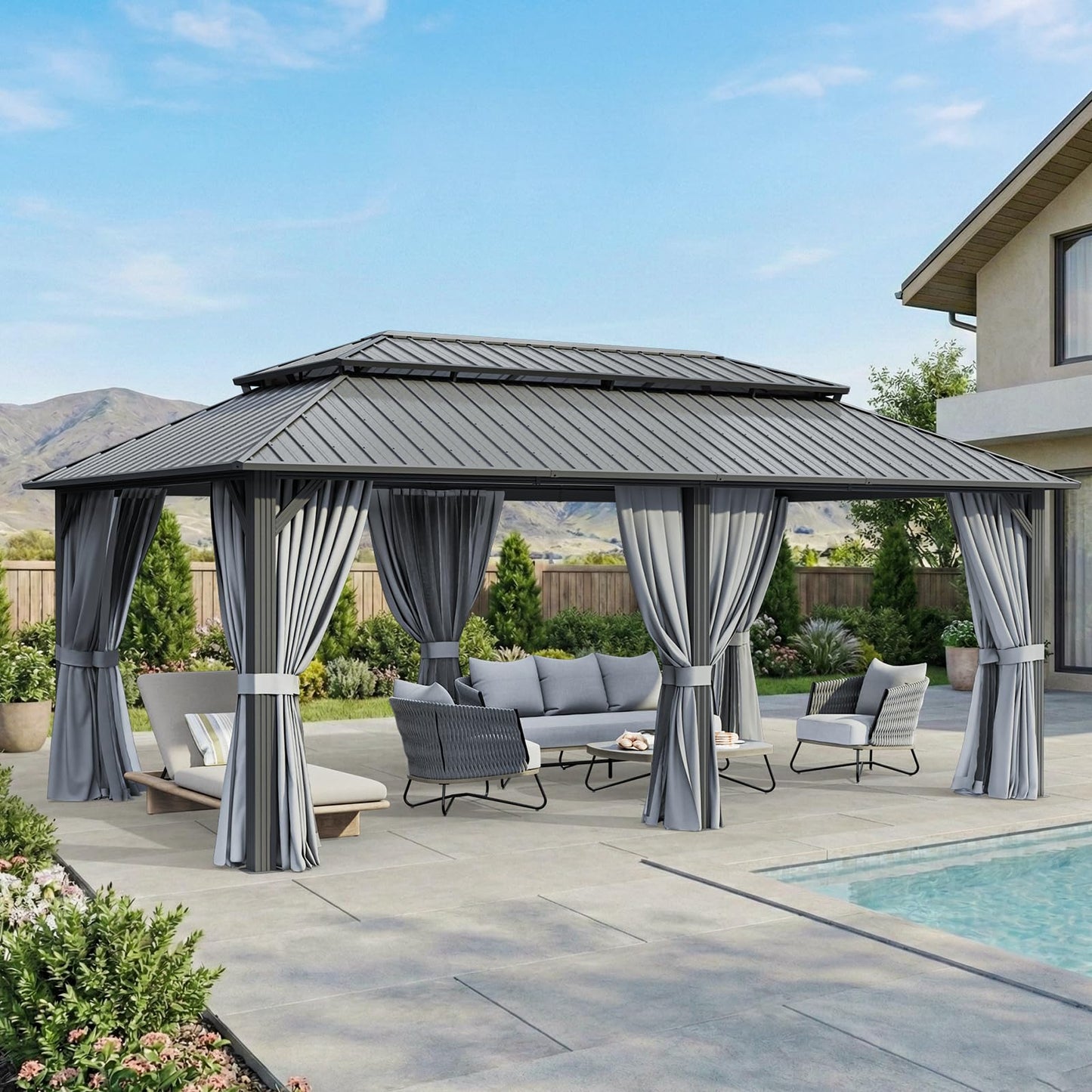 20x12FT Outdoor Gazebo - Hardtop Pergolas for Patios with Curtains and Netting Included, Permanent Gazebo Pavilion with Double Galvanized Steel Roof for Party, Outdoor Dining, Wedding, Gray