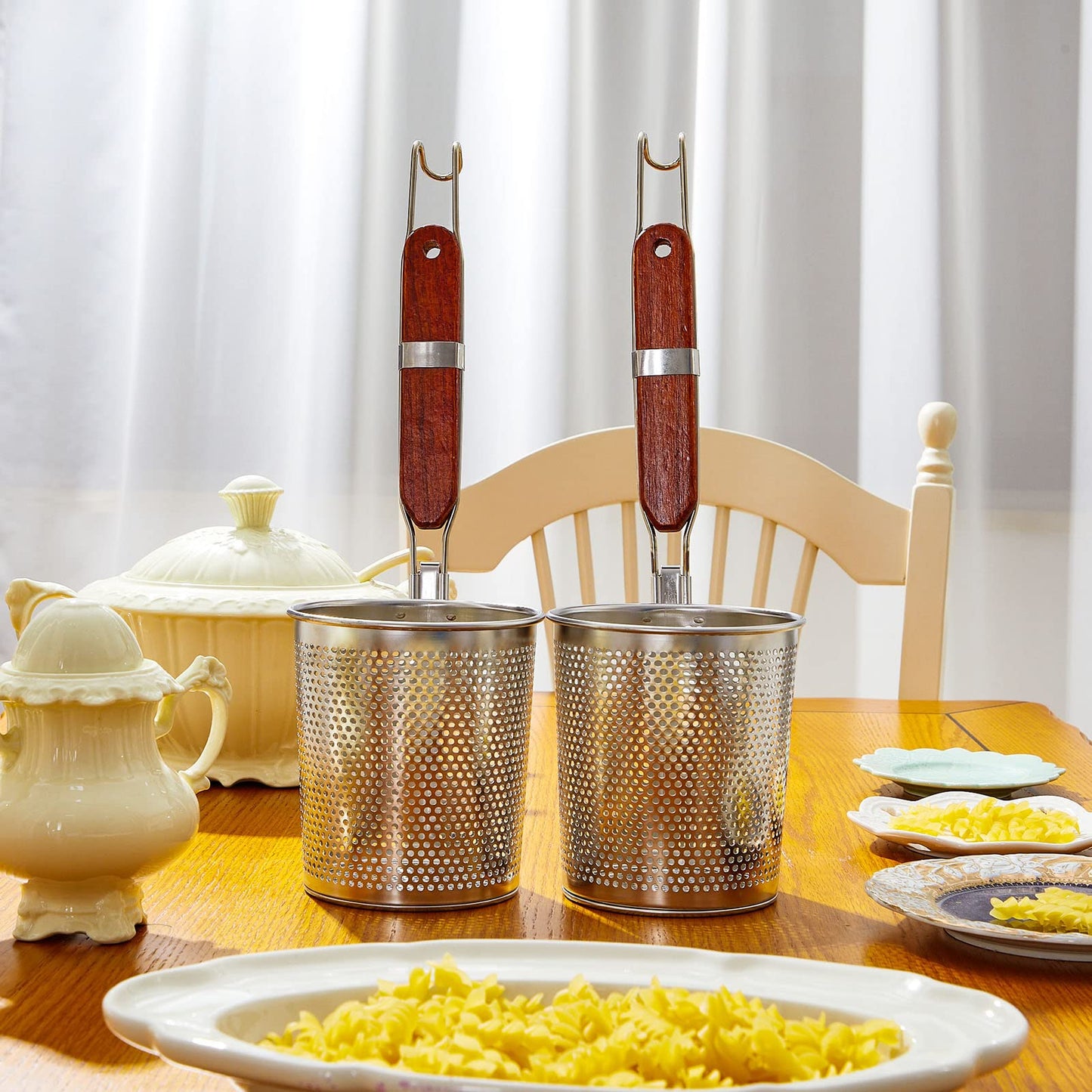Tessco 4 Pcs Pasta Strainer, 4.7" x 5.2'' Stainless Steel Pasta Basket Mesh Cooker with Wood Handle, Spider Strainer Kitchen Skimmer for Food Dumpling Noodle Blanching(Dark Color)