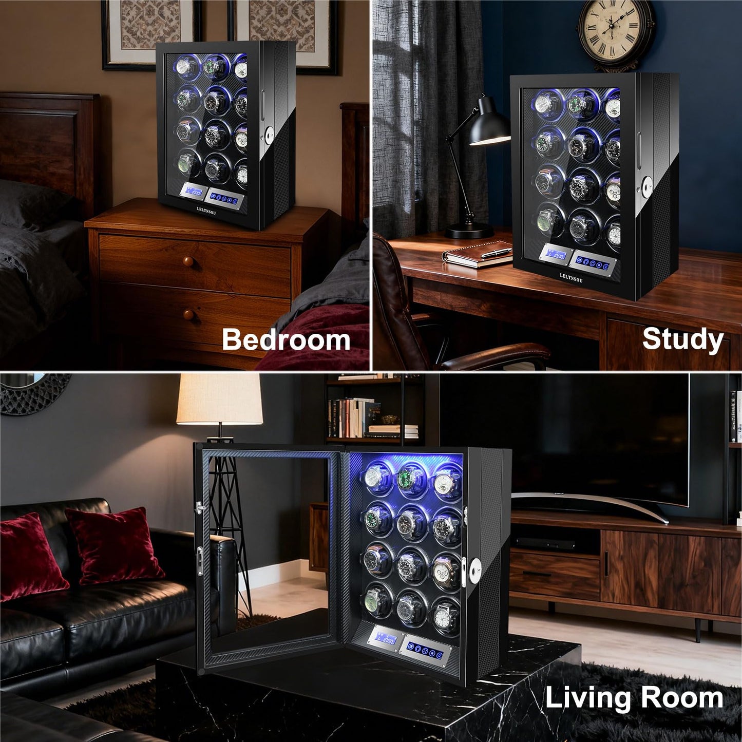 LELTNSOU Watch Winder for 12 Winding Spaces Automatic Watches with Fingerprint Unlock, Ultra-Quiet Japanese Motors, Built-in LED Illumination and LCD Touchscreen Control