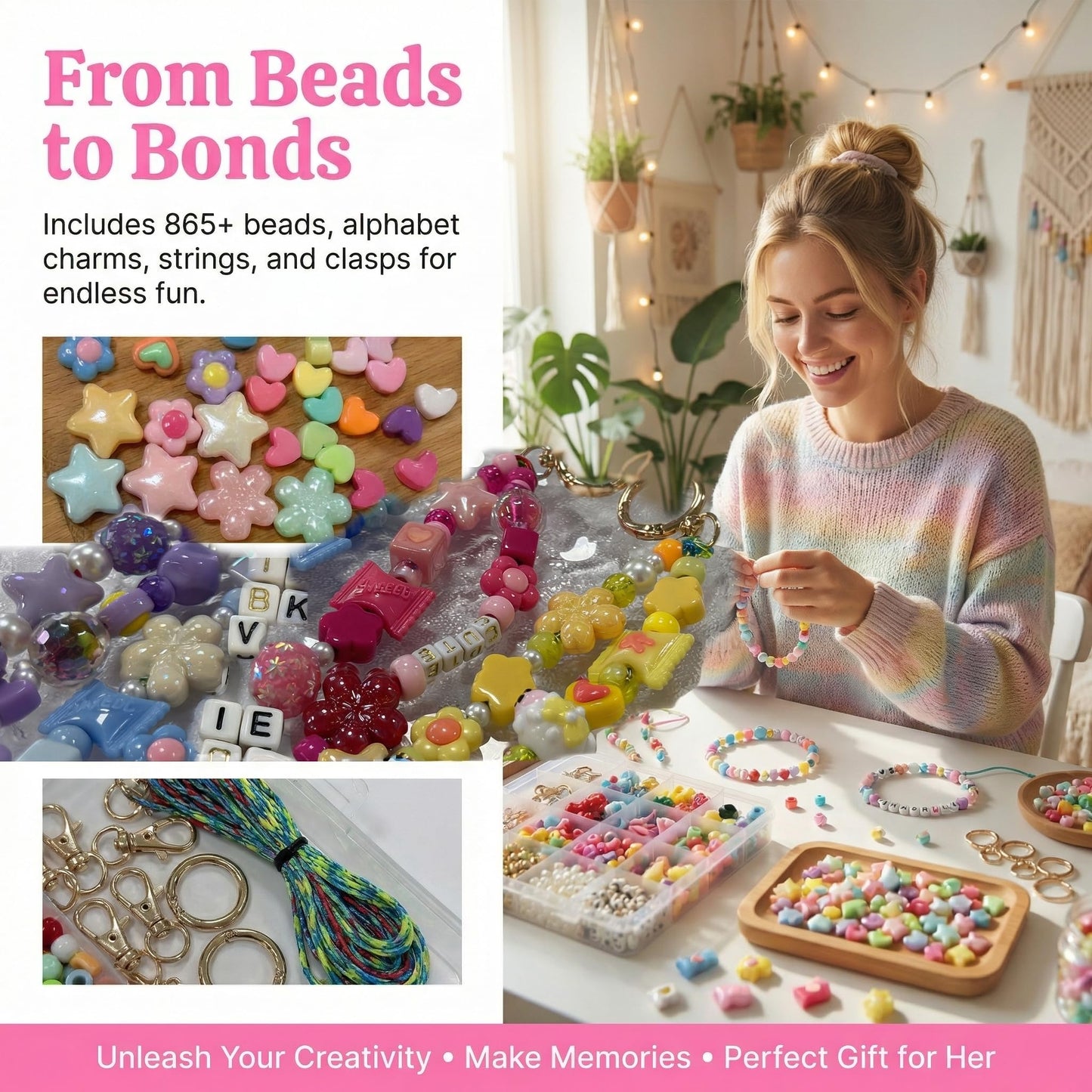 DIY Bag Charm Kit Keychain Makinhg Kit Acrylic Keychain Charms 865pcs Jewerly Making Kit Birthday Gift, Phone Charm Gift for Girls and Boys Friendship Bracelet Kit