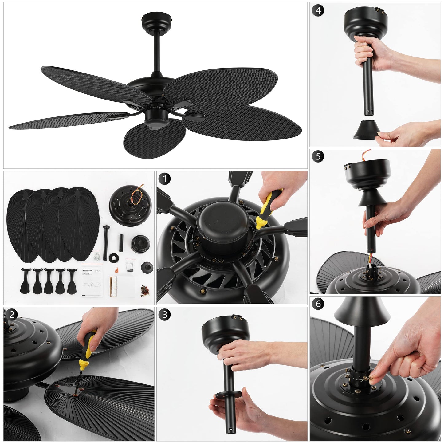 JONATHAN Y 52" White Metal Tropical Palm Leaf Blades Ceiling Fan Coastal Bohemian for Living Room Mobile App and Remote Control 6-Speed Sloped Ceiling Compatible JYL9719D