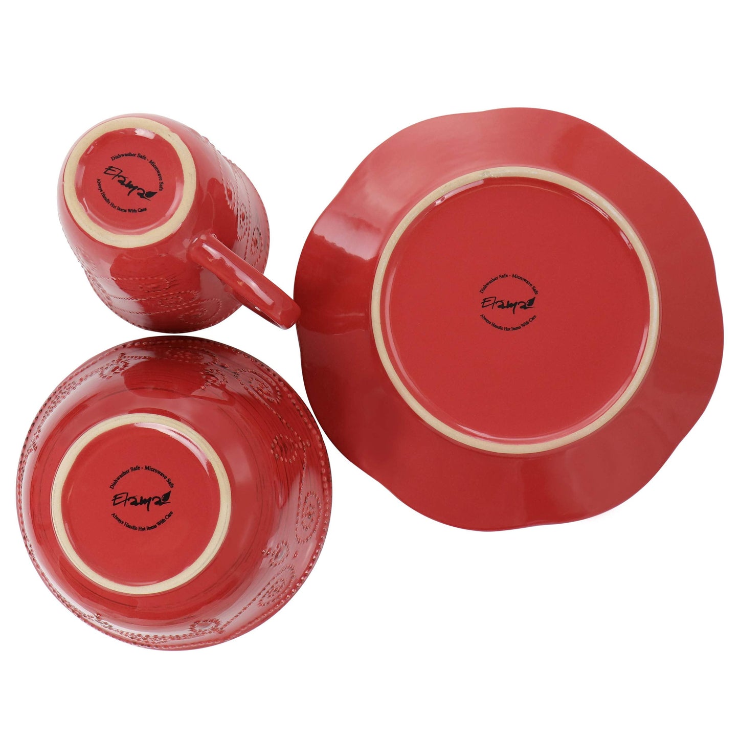 Elama Embossed Scalloped Round Stoneware Dinnerware Dish Set, 16 Piece, Red with Brown Accents