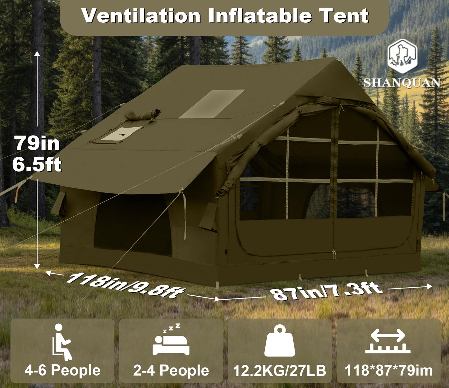 Inflatable Tents for Camping with Stove Jack,4-6 Person Easy Setup Blow Up Tents for 4 Seasons Waterproof Inflatable Camping Tent with Clear Skylight, Air House Glamping Tents for Adult