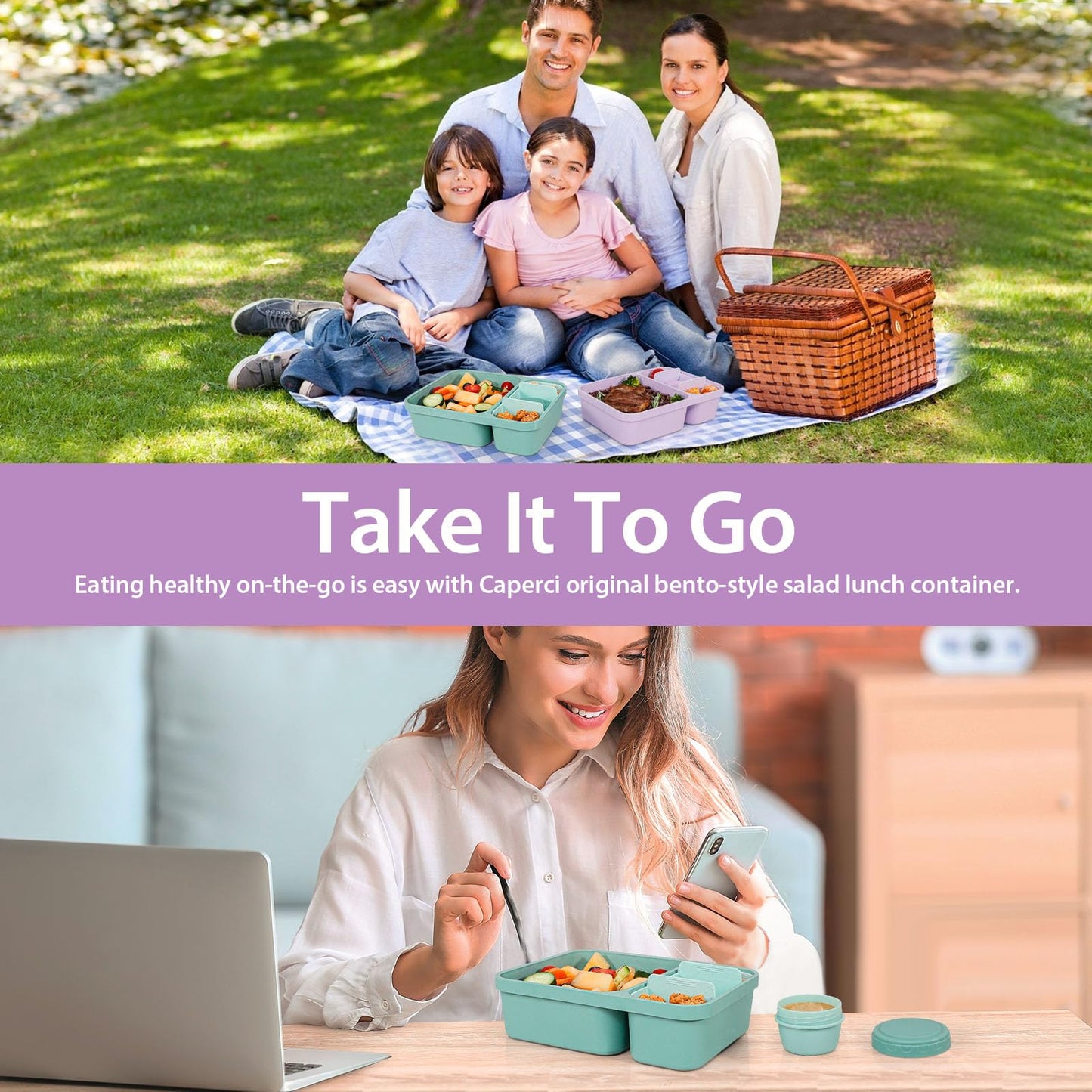 Caperci 2 Pack Salad Containers - Extra-Large 62 oz Bento Lunch Box for Adults, 2-Compartment Meal Prep Container with Removable Toppings Tray, Sauce Cup, Reusable Fork, BPA-Free (Purple & Green)