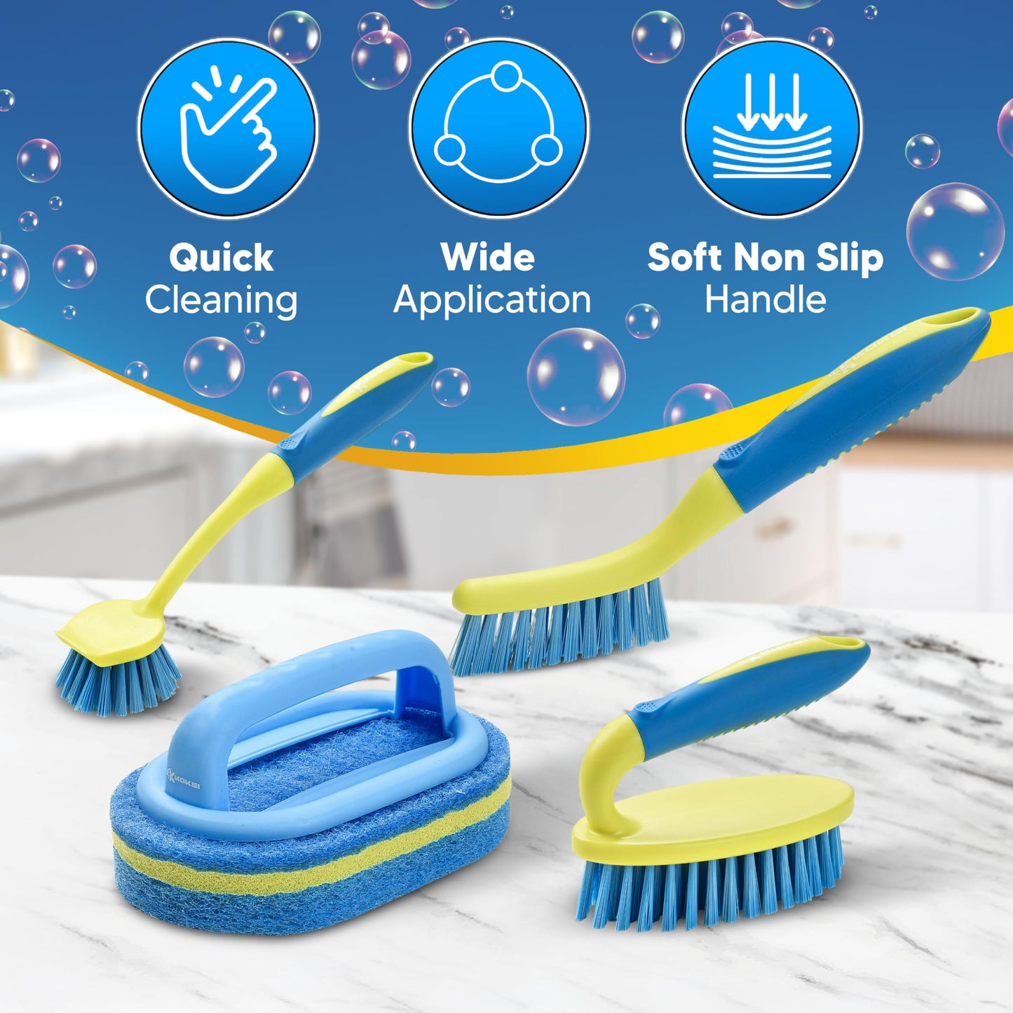 Scrub Brush Set for Bathroom Kitchen Bathtub Toilet Deep Cleaning Brush Tools All Purpose Cleaner Sponge Scrubbing Brushes with Ergonomic Handle, 4-Piece