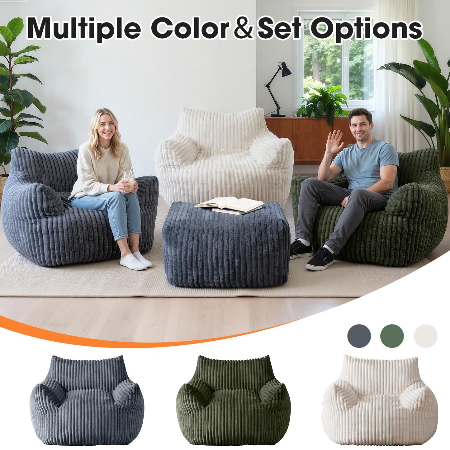 HarborHue Giant Bean Bag Chair with Ottoman, Oversized Memory Foam Bean Bag Sofa for Adults and Kids, Large Comfy Fluffy Single Lounges Mini Couch for Living Room, Bedroom & Dorm(Green)