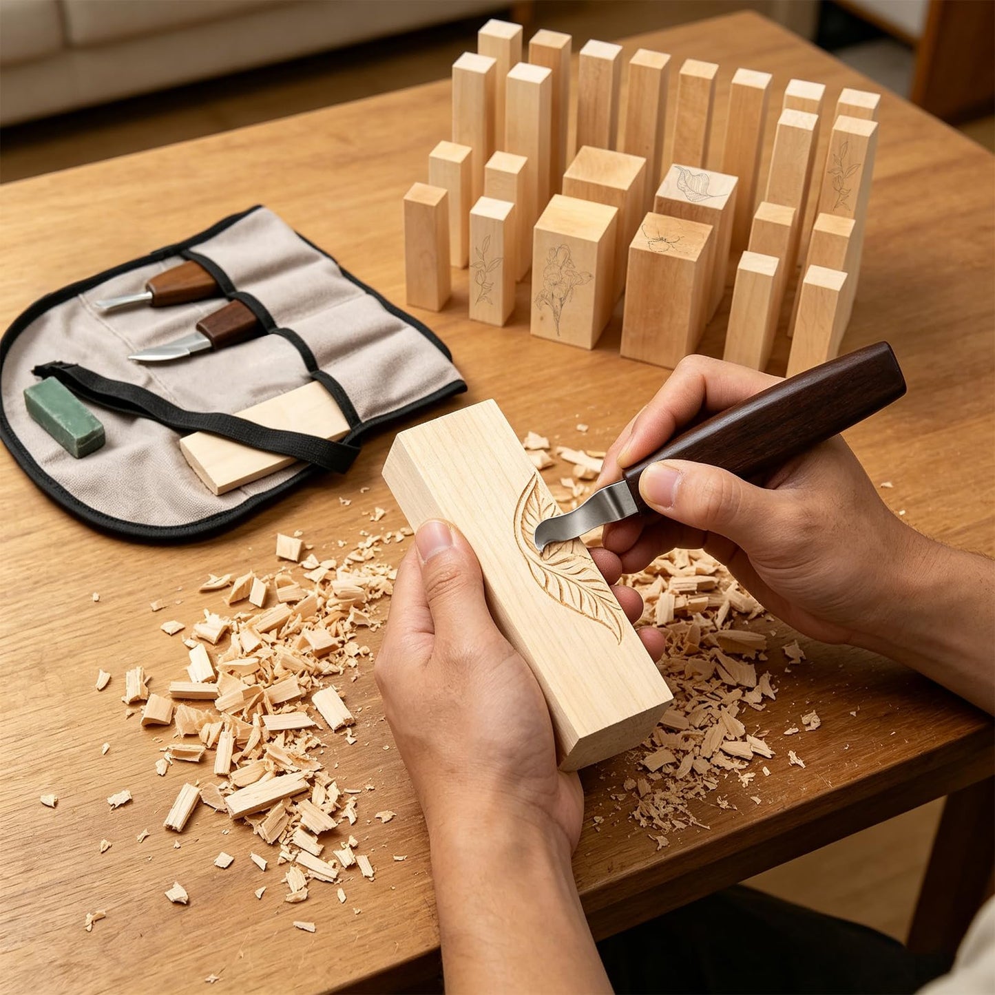 30pcs Wood Carving Kit Includes Basswood Blocks Wood Whittling Knife Kit 4pcs Templates Carving Knives for Wood DIY Beginners