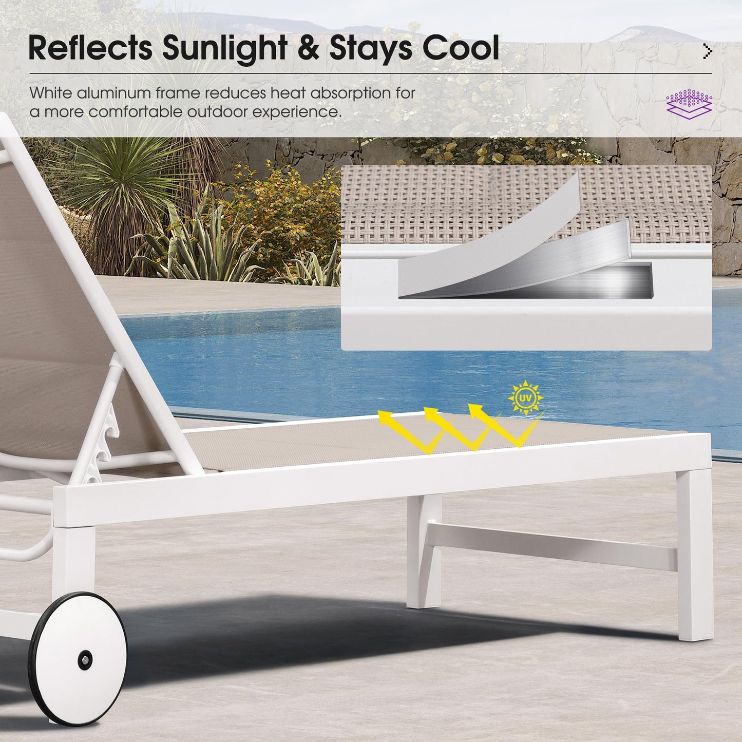 PURPLE LEAF Outdoor Chaise Lounge Set Elderly-Friendly Straight Legs Adjustable Sunbathing Recliner with Side Table for Back Support Patio Poolside Beach Lounge Chairs Khaki