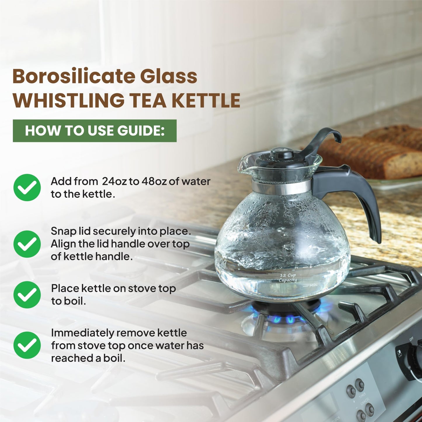 Borosilicate Glass Stove Top Whistling Tea Kettle - 12 Cup/48oz Capacity - BPA-Free - German Made Glass Kettle for Gas, Electric, and Glass Ranges