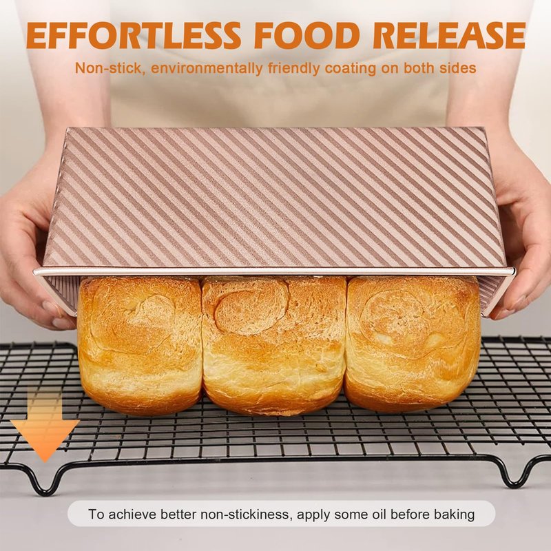 Dipanist 2Pack Large Bread Pan with Lids – 2.2LB Dough Capacity, Non-Stick Carbon Steel Bread Pans for Homemade Sandwich and Sourdough Bread, Corrugated Toast Mold(Gold)