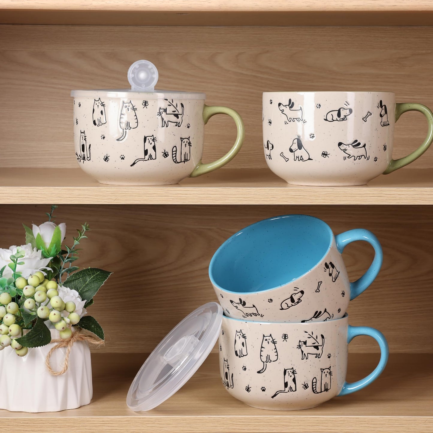 AmorArc 32 Ounces Ceramic Soup Mugs with Lids and Handle, Stoneware Bowls Cup Set of 2 for Soup, Stew, Noodle, Beautiful Mug Bowls With Lovely Dog,Cat Patterns, Microwave&Dishwasher Safe, Olive