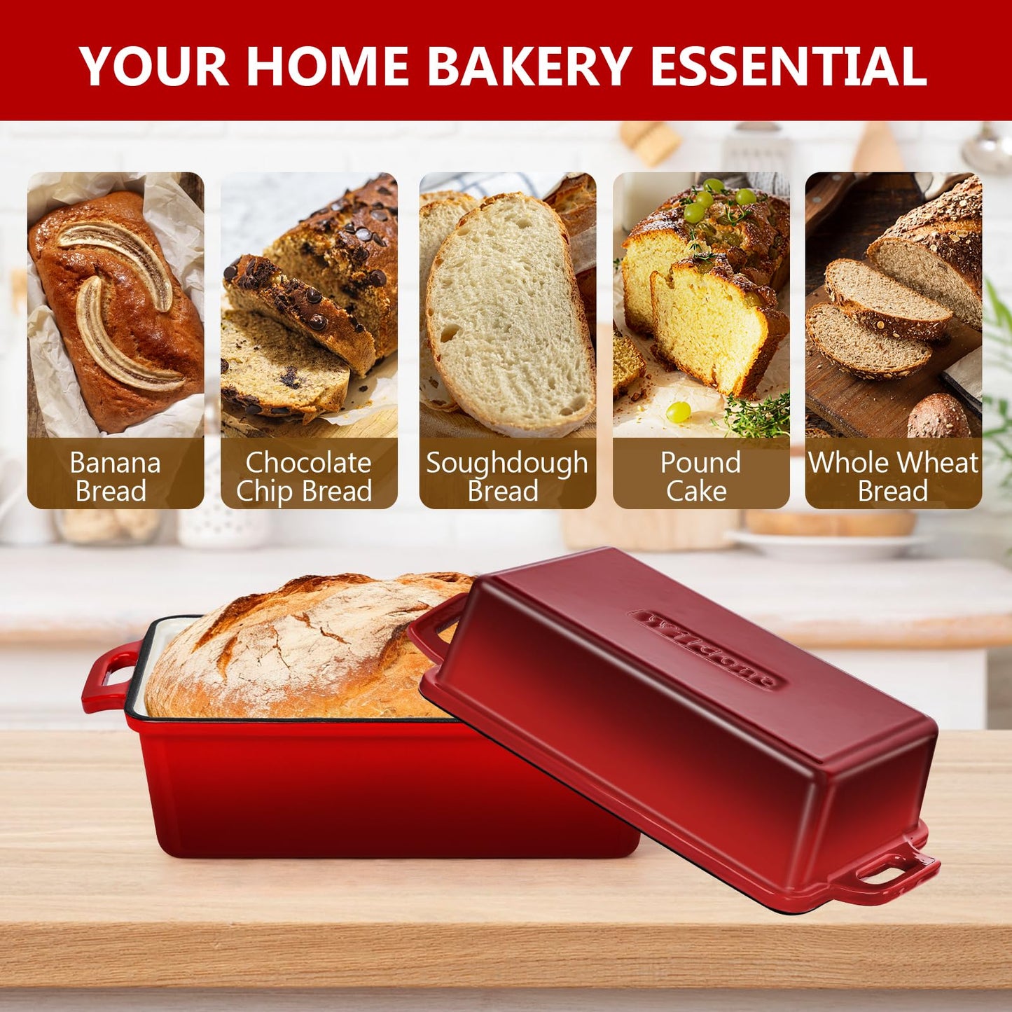 Wildone Enameled Cast Iron Bread Loaf Pan with Lid, 9x5 Sourdough Baking Pans for Homemade Bread, Cake, Meatloaf, Even Heating Bread Pans, 2-Piece Set, Red