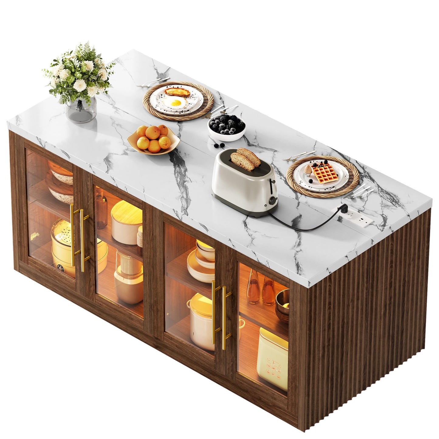 Homiflex Kitchen Island with Storage, Imitation Marble Island Table with LED Lights & Cabinet for Kitchen, Modern Kitchen Carts on Wheels for Dining Room, Home Bar, Walnut
