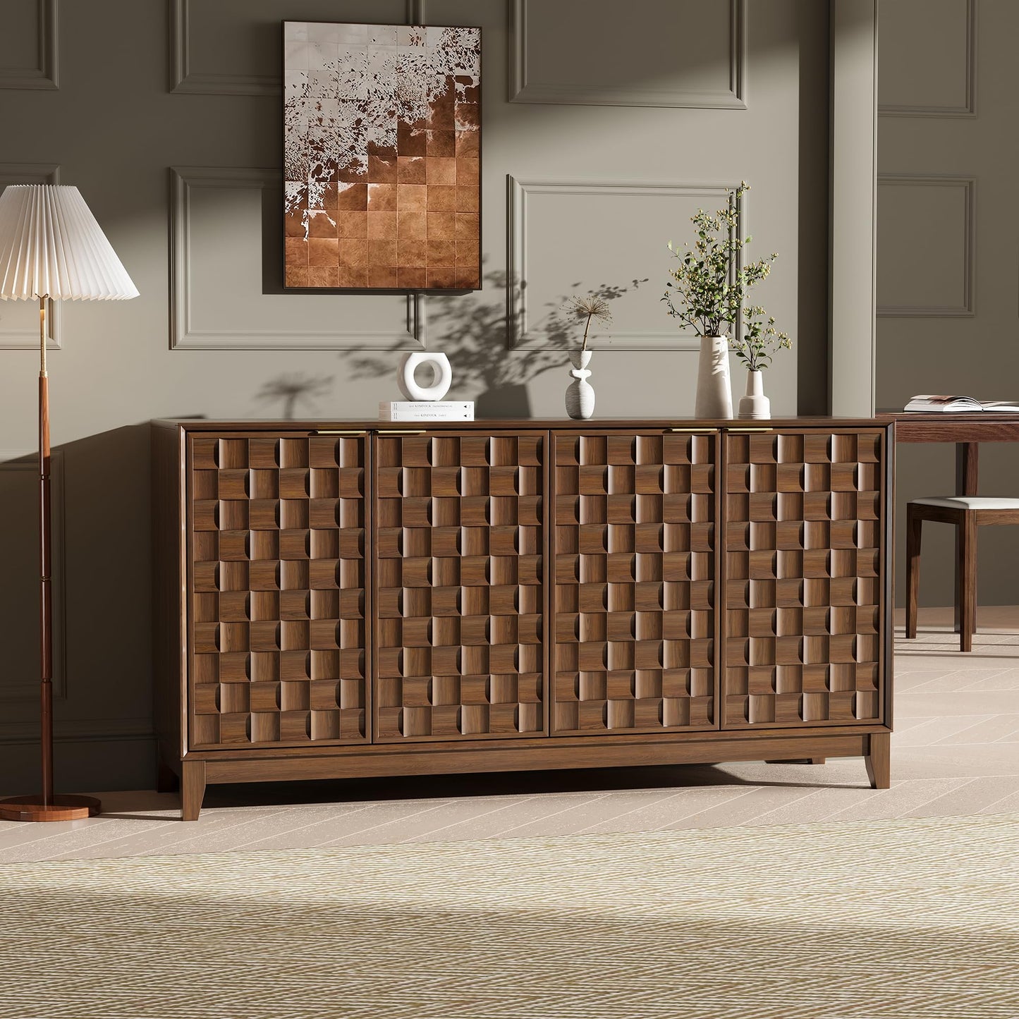 MALOL Fluted Sideboard Buffet Cabinet with Storage, 59" Wood Buffet Table with 4 3D-Checkerboard Doors & Adjustable Shelves, Kitchen Dining Room Coffee Bar Cabinet, Mid Century Modern Style, Walnut