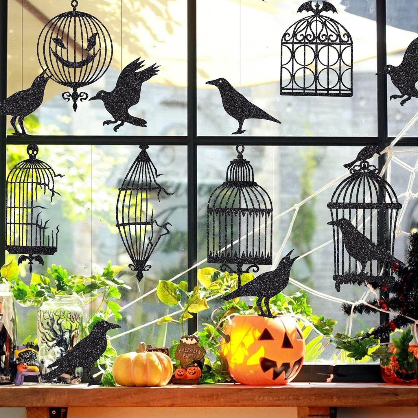 Cheerland Glitter Black Crow Cage Halloween Decorations Bird Raven Hanging Banners for Gothic Halloween Garland Backdrop Centerpiece Wall Cutouts for Horror Theme Birthday Wedding Yard Party Supplies