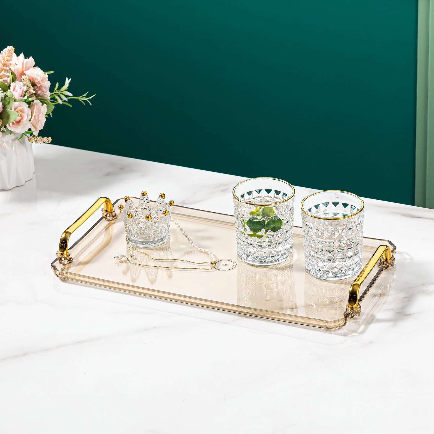 Waltsun Acrylic Serving Tray with Handles Ottoman Countertop Decorative Tray Serving Tray Spill-Proof Tray for Coffee Table Living Room Bedroom16 x 9 x 0.8 inches (Amber)