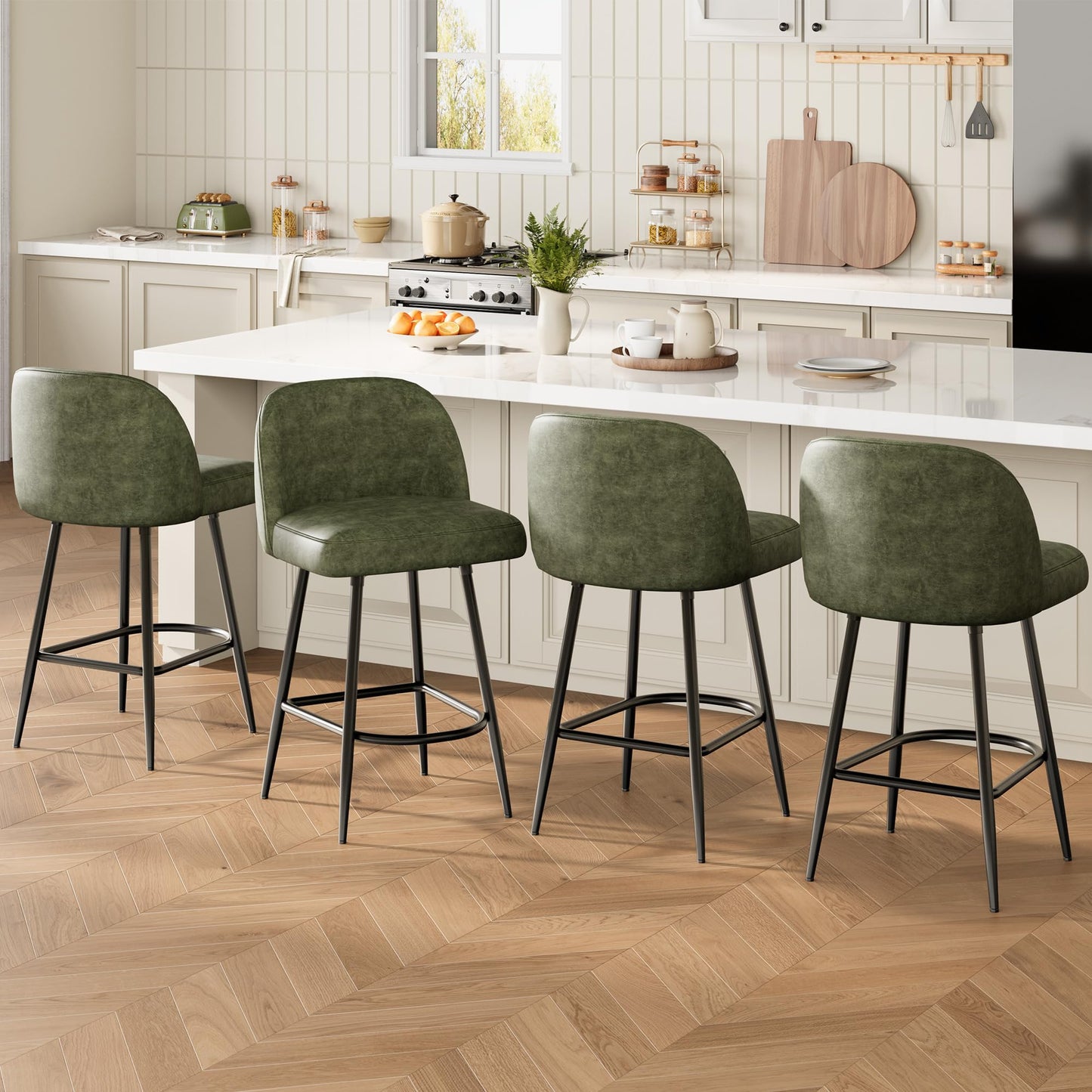 Garvee Bar Stools Set of 4, Leather Upholstered Barstools with Back & Arc Metal Footrest, 26" Modern Kitchen Island Stools with Thickened Metal Legs for Home Bar, Bistro & Dining Area, Green