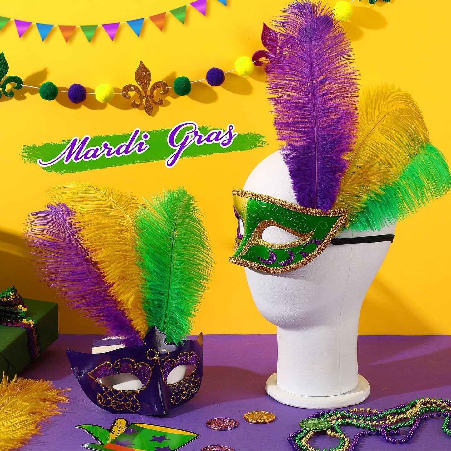 MARFOREVER 24 Pcs Mardi Gras Feathers for Crafts 10-12 Inches Natural Green Gold Purple Feathers for DIY Craft Dream Catcher Carnival Costume Mardi Gras Party Decorations Supplies