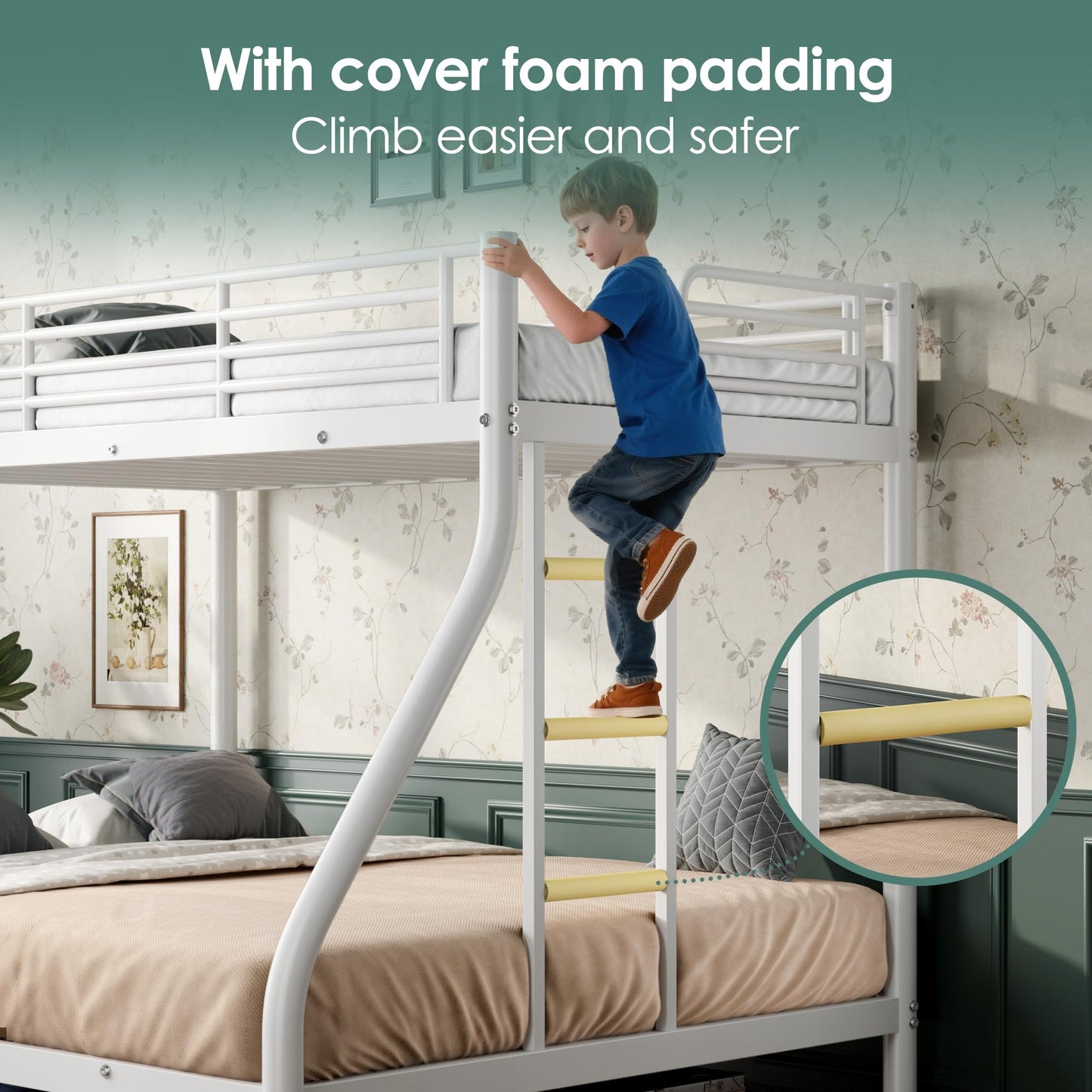 Cyranture Bunk Beds Twin XL Over Queen, Heavy Duty Bunk Beds with Bottom Space & Guardrail Metal Bunk Bed Frame for Adults Teens Dorm Bedroom Guest Room, No Box Spring Needed(White)