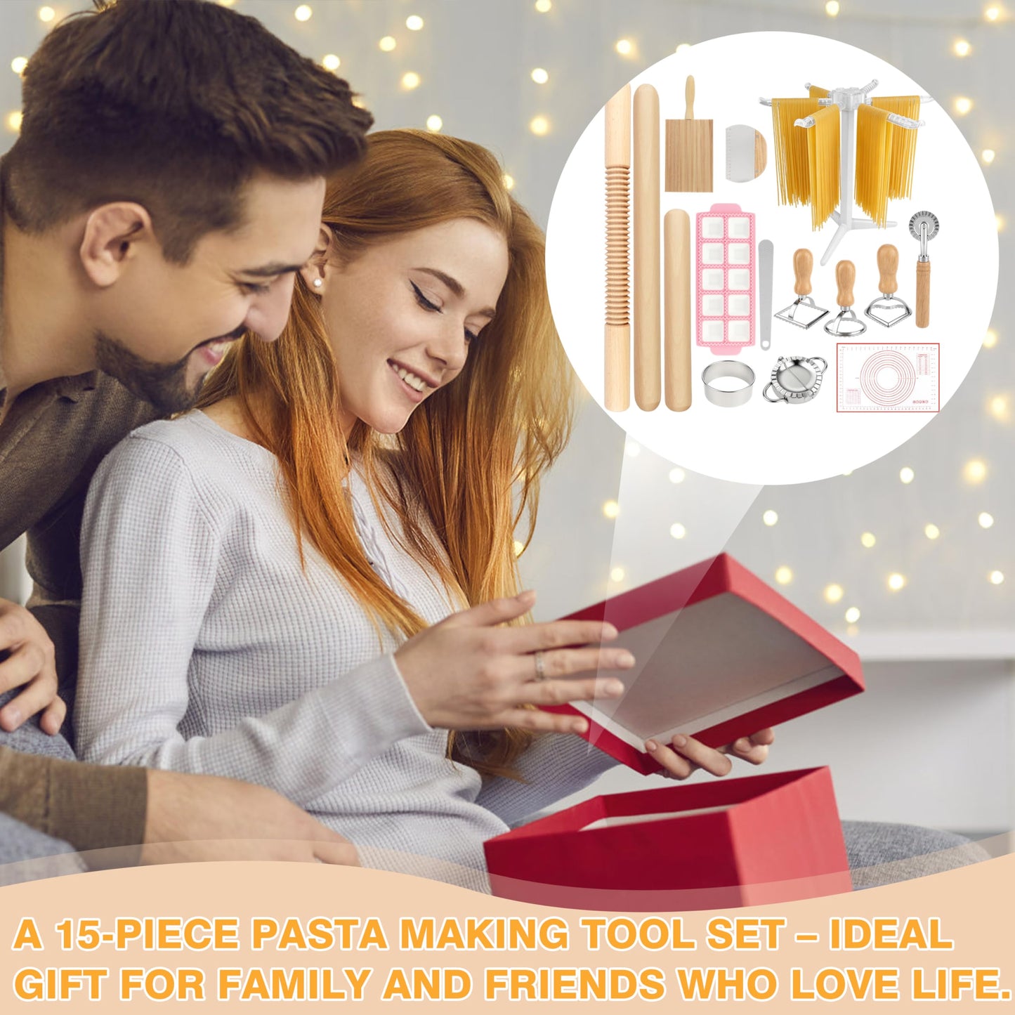 TREWAVE 15 Pcs Pasta Making Tools Set, Homemade Pasta Making Kit Includes Ravioli Maker Mold, Gnocchi Board, Pasta Drying Rack, Red Pastry Mat and Rolling Pin for Beginners & Home Chefs