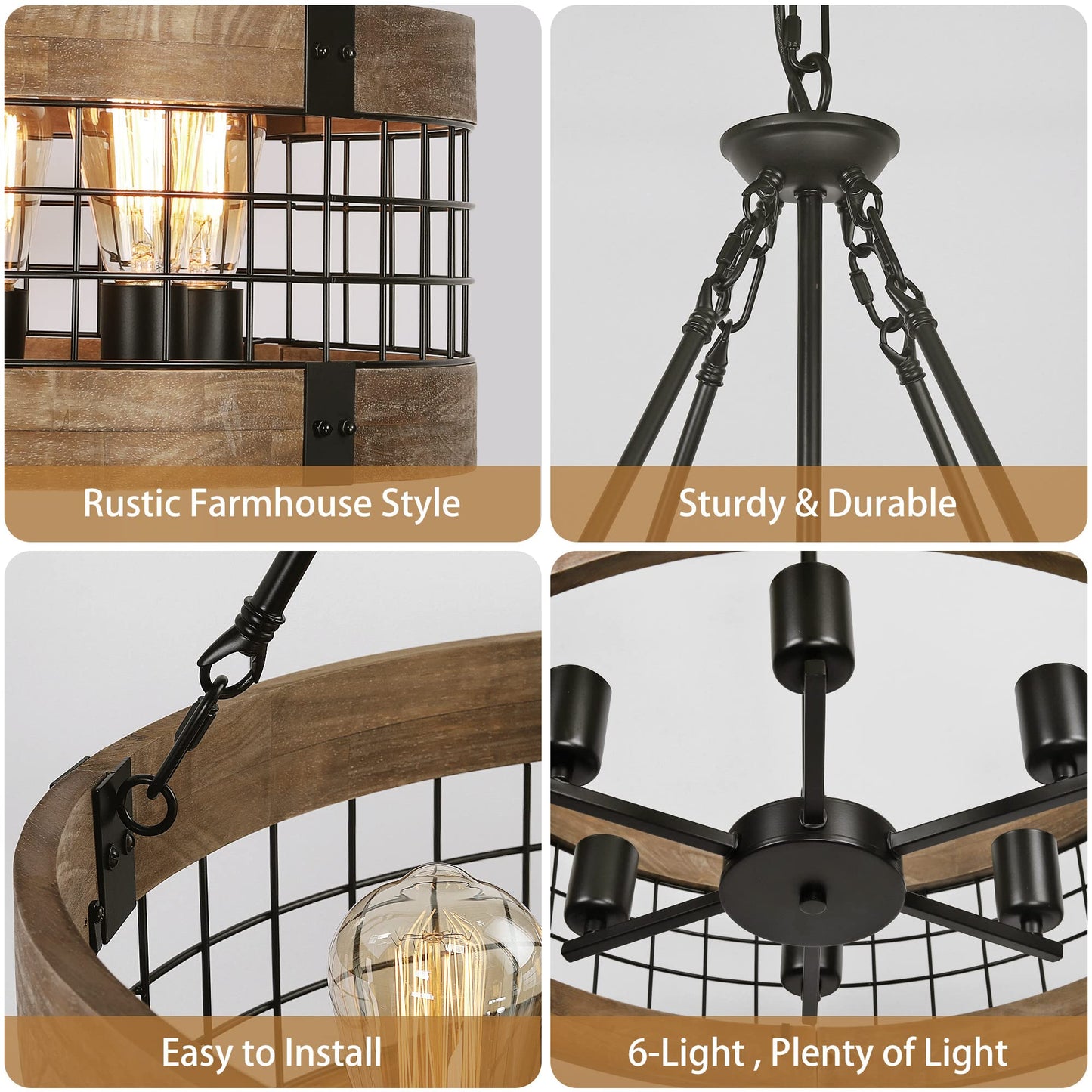 ACNKTZ 6-Light Farmhouse Chandelier for Entryway, Rustic Dining Room Light Fixtures, Industrial Drum Hanging Lighting for Kitchen Island Foyer, Black Wood and Black Metal Finish