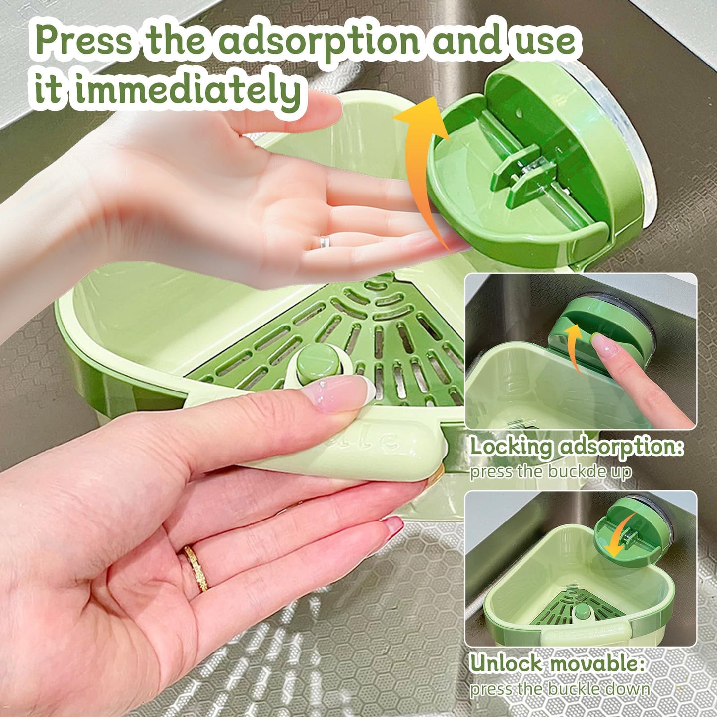 Suction Cup Sink Corner Rack 2026 Upgrade Corner Sink Strainer Basket Automatic Dumping Suction Cup Press Sinks Drainer Basket Faucet Sponge Storage Rack Food Waste Catcher for Sink (1PC - Green)