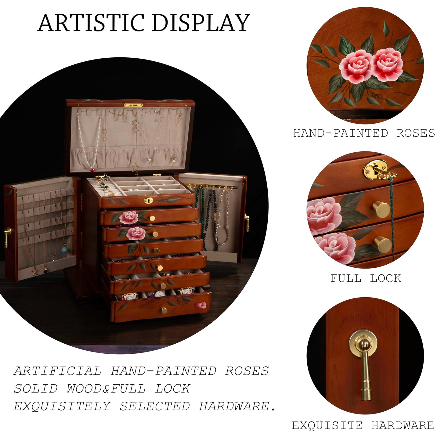Xloverise Hand-Painted Wooden Jewelry Box,jewelry boxes for women,jewlrey box&organizers with necklace hanger,jewerly organizer,10-layer large capacity jewelry storage box for jewelry