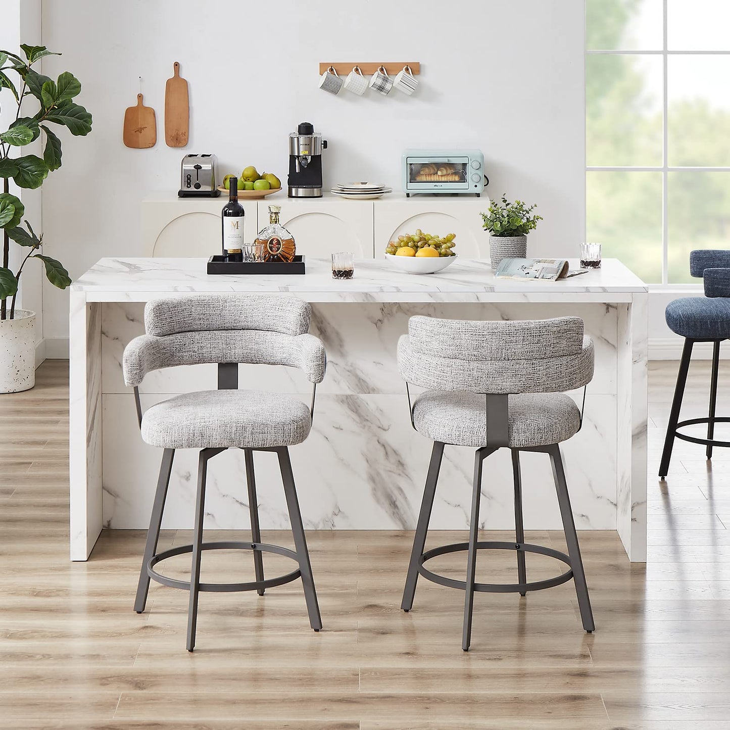 FERFALDER Counter Height Bar Stools with Full Back – Swivel Counter Stools Set of 2 with Linen Padded Back, Metal Footrest, Modern Barstools for Kitchen Counter, Island, Dining Room, Grey 24 inch
