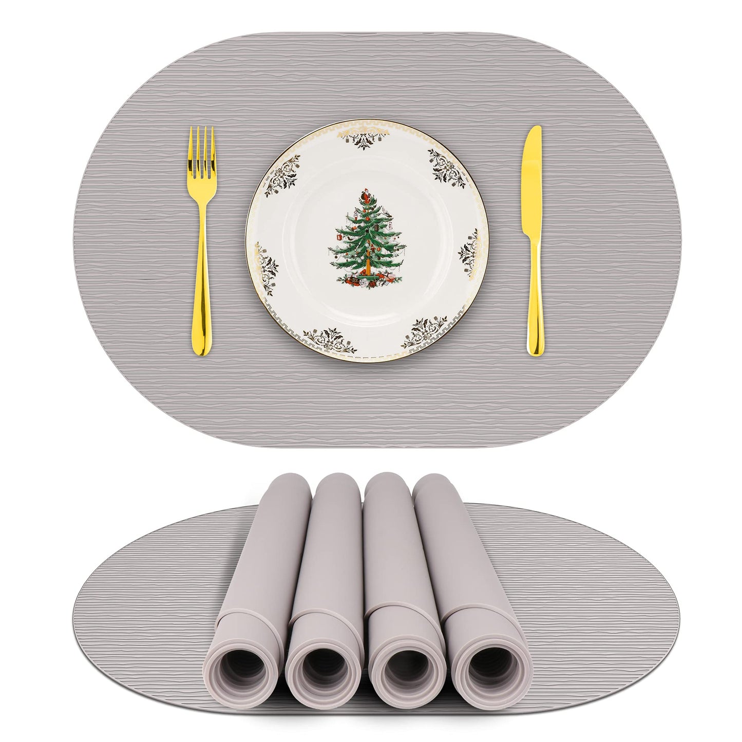 IYYI Silicone Placemats, Dining Placemats Set of 4, Waterproof Placemats for Kids, Heat Resistant Non-Slip Silicone Mats for Dinner Table, Dishwasher Safe (Light Gray, 17.7" ×12")