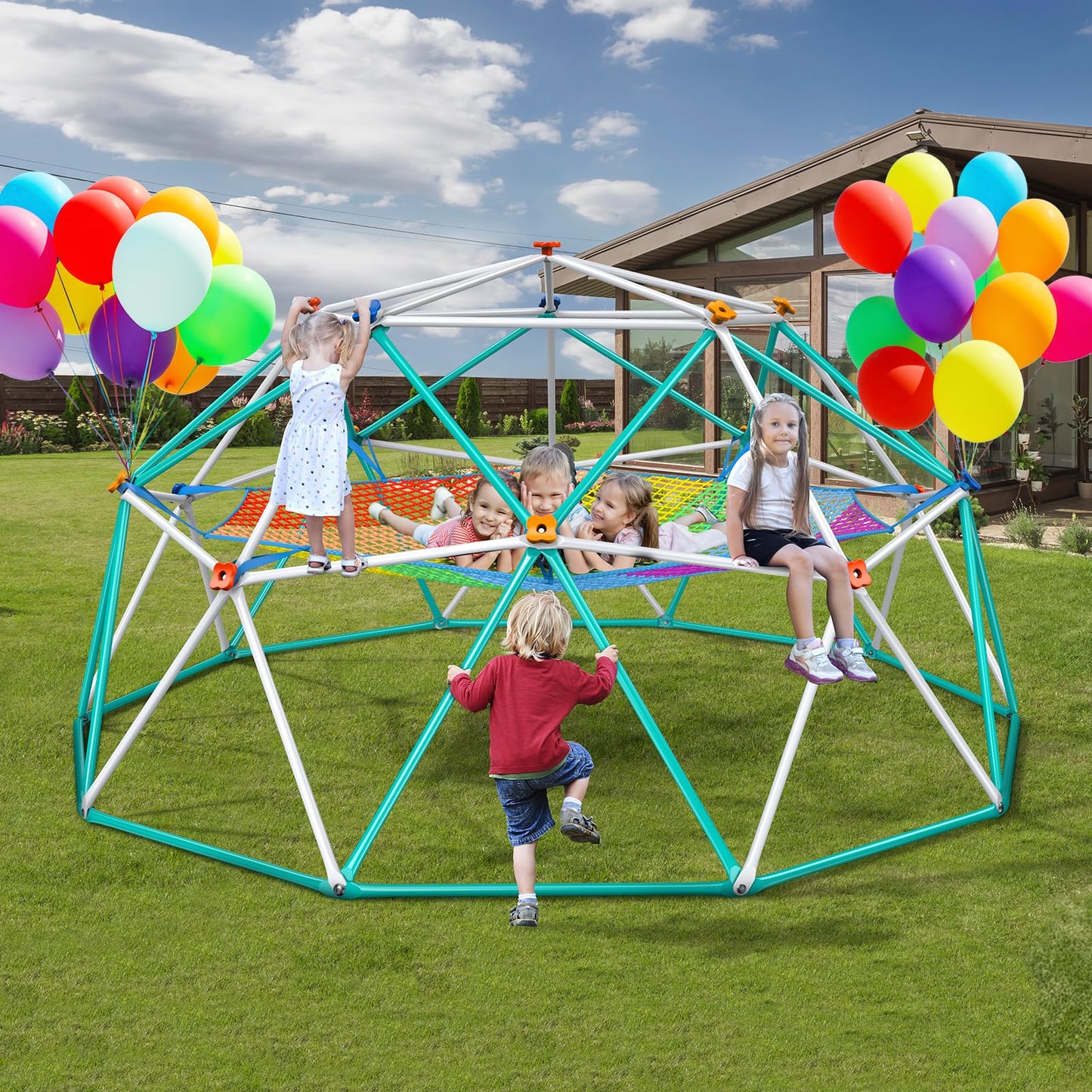 Hapfan Climbing Dome with Climbing Cargo Net, 10 ft Dome Jungle Gym with Hammock for Kids Outdoor Playset Monkey Bars Backyard