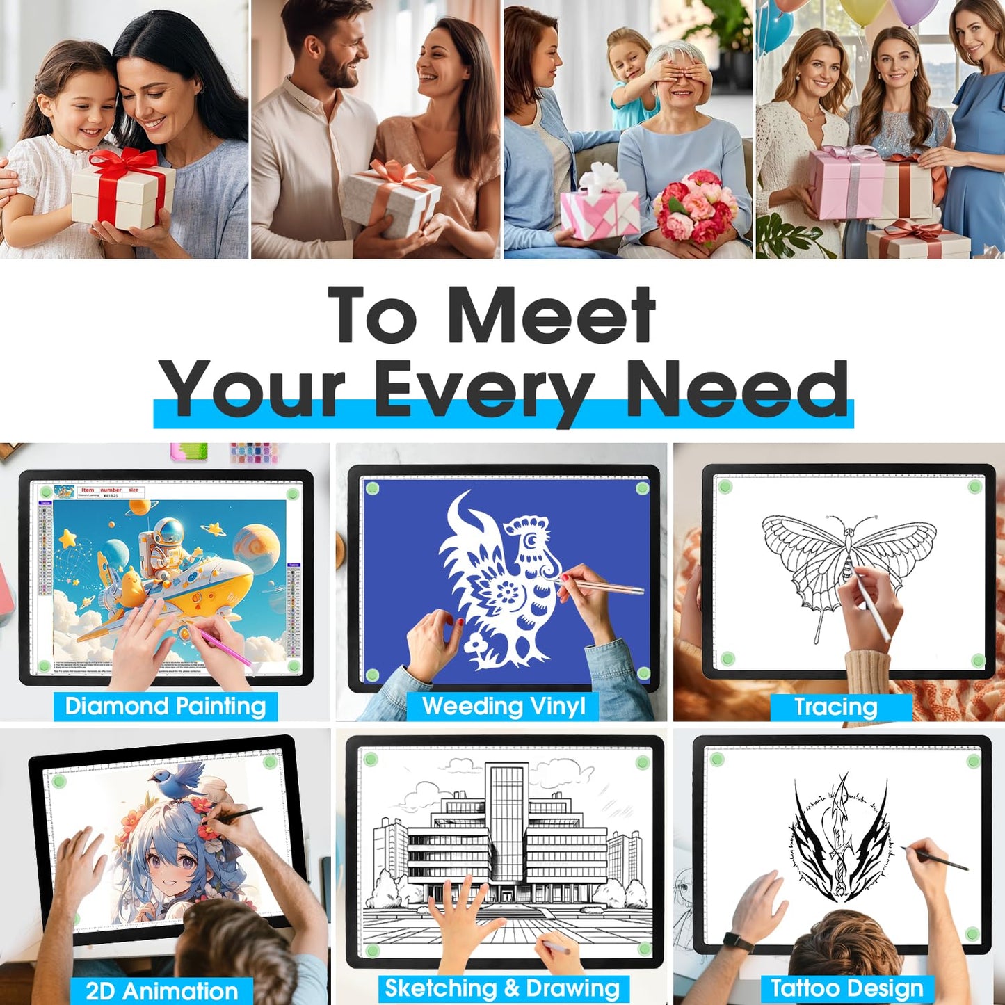 Rechargeable A3 Light Pad for Diamond Painting, High-Brightness Tracing Light Box with 6 Levels of Brightness, Side Physical Buttons & 3 Colors, Light Board for Diamond Art, Drawing, Sketching