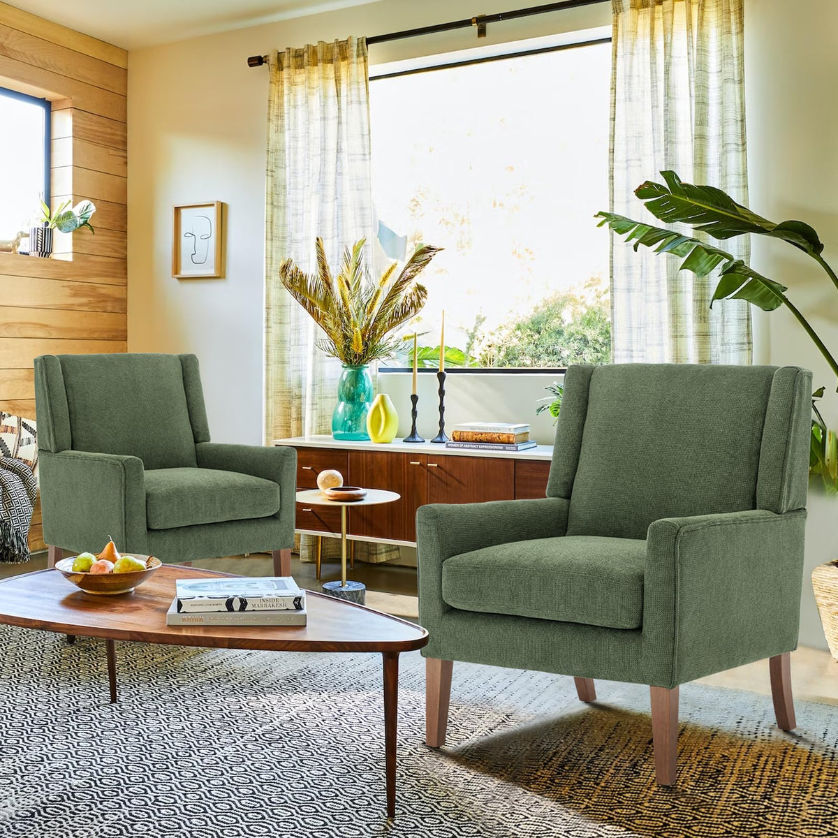 COLAMY Modern Wingback Living Room Chair Set of 2, Upholstered Fabric Accent Armchair, Single Sofa Chair with Lounge Seat and Wood Legs for Bedroom/Office/Reading Spaces, Green