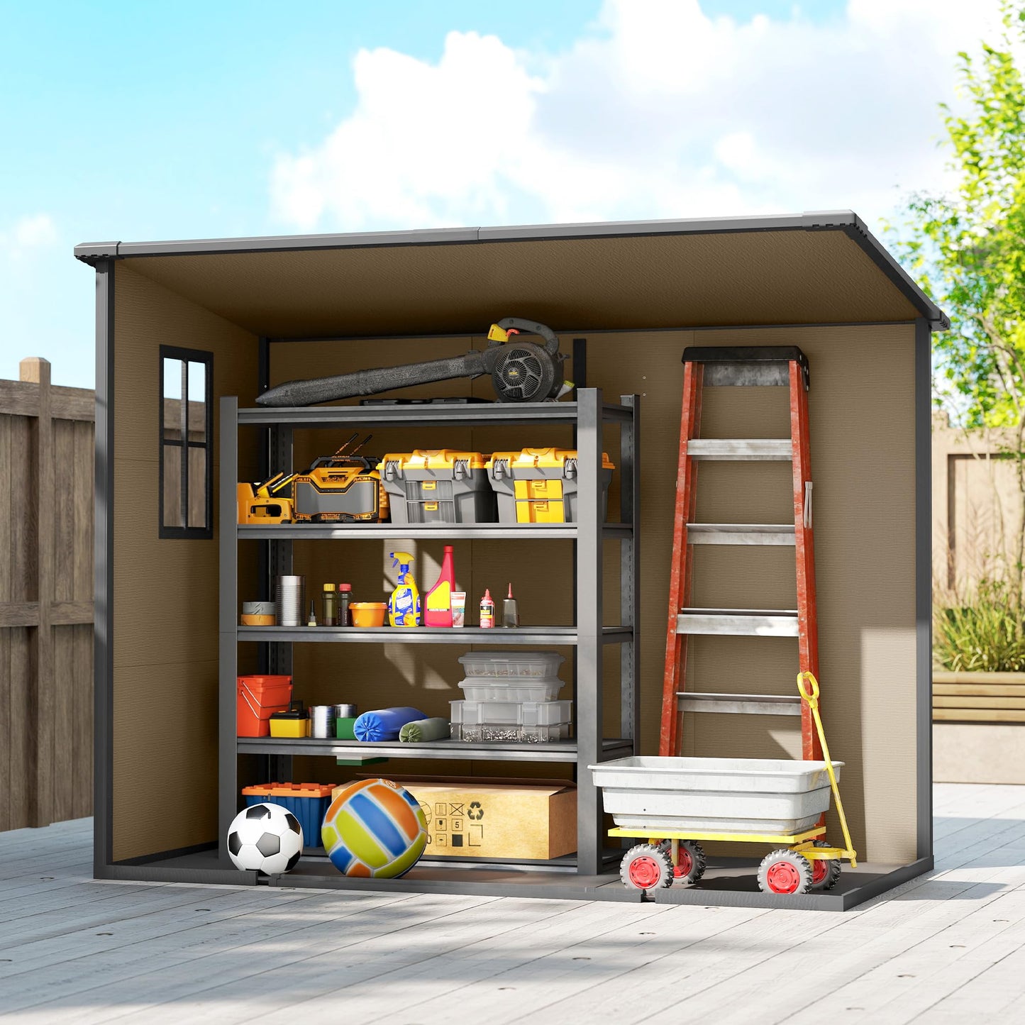 Outsunny 8' x 4' Outdoor Storage Shed, Waterproof Resin Plastic Shed with Floor, Window, Lockable Door and Vents, All-Weather Garden Tool Shed for Backyard, Patio, Lawn, Brown