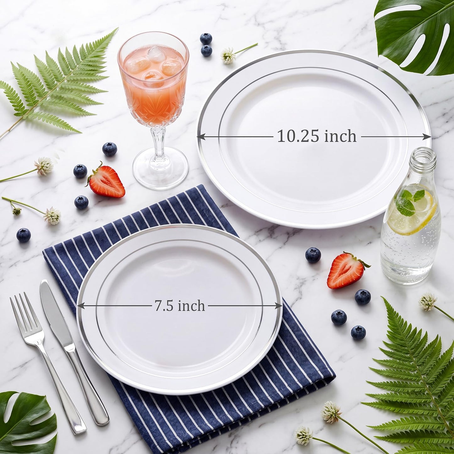 WDF 120PCS Plastic Plates White Silver Rim - Disposable Plates including 60PCS for Dinner 10.25inch, 60 Salad/Dessert Plates 7.5inch Heavy Duty Wedding Party Birthday