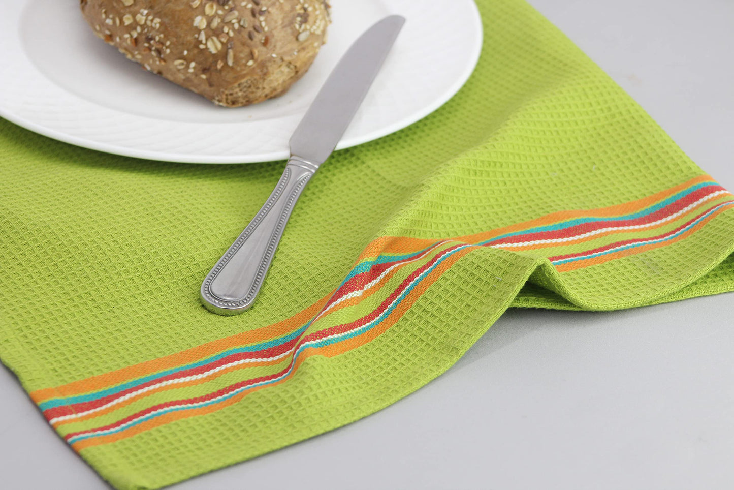 COTTON CRAFT Salsa Stripe Kitchen Towel - Set of 8 Pure Cotton Absorbent Waffle Weave Dish Towel Dish Cloth - Low Lint Reusable Drying Towels - Restaurant Bar Cleaning Kitchen Hand Towel -16x28 Multi