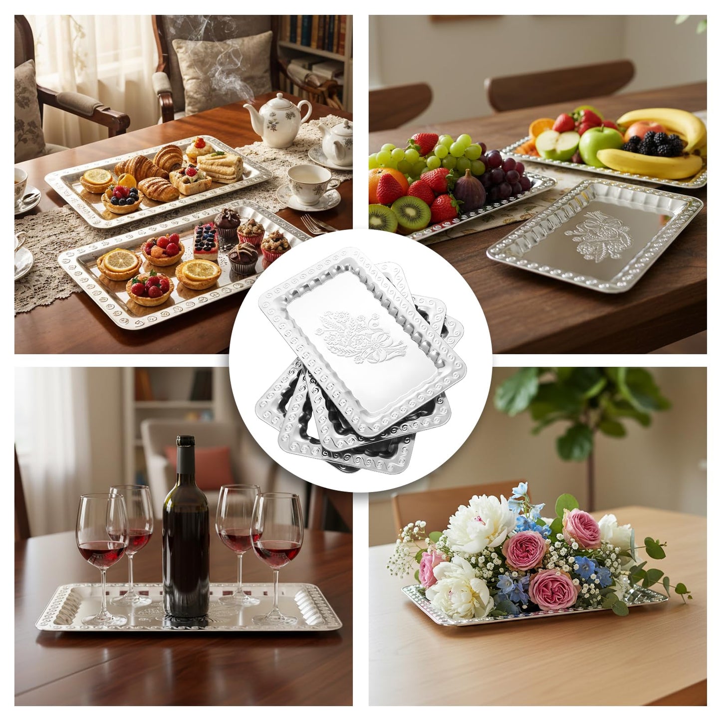 6 Pcs Silver Serving Trays, 13.8" x 8.7" Stainless Steel Rectangle Serving Tray, Decorative Silver Plates, Swirl Floral Engraved Tray, Metal Sizzler Plates for Coffee Table, Bar, Party, Club, Home