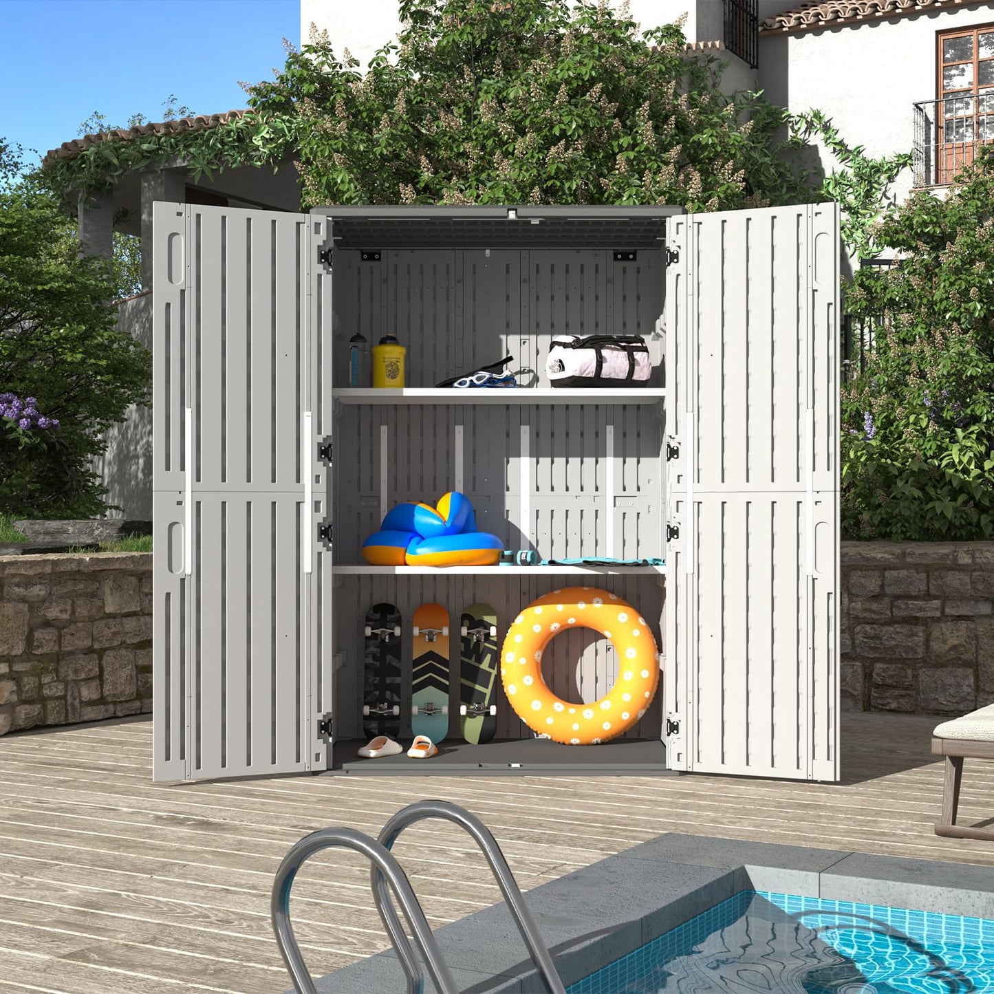 Aoxun White Resin Outdoor Storage Shed with 2 Shelves & Floor, 64 Cu.Ft Vertical Waterproof Cabinet for Garage, Pool, Bike, Garden Tools, Patio Furniture