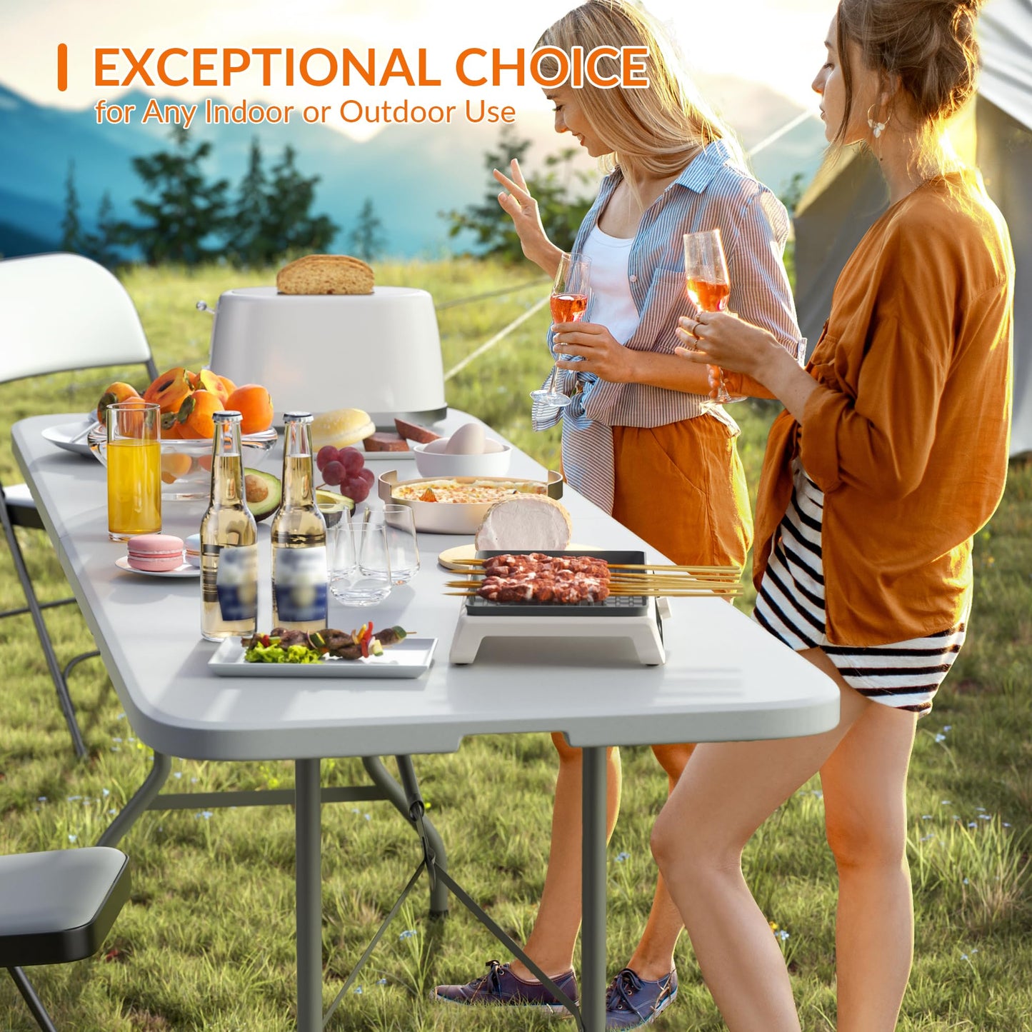 Elevon Folding Table Set with 10 White Folding Chairs,8 Feet Heavy Duty Fold-in-Half Utility Table Sets for Picnic, Event, Training, Outdoor Activities, at Home and Commercial Use