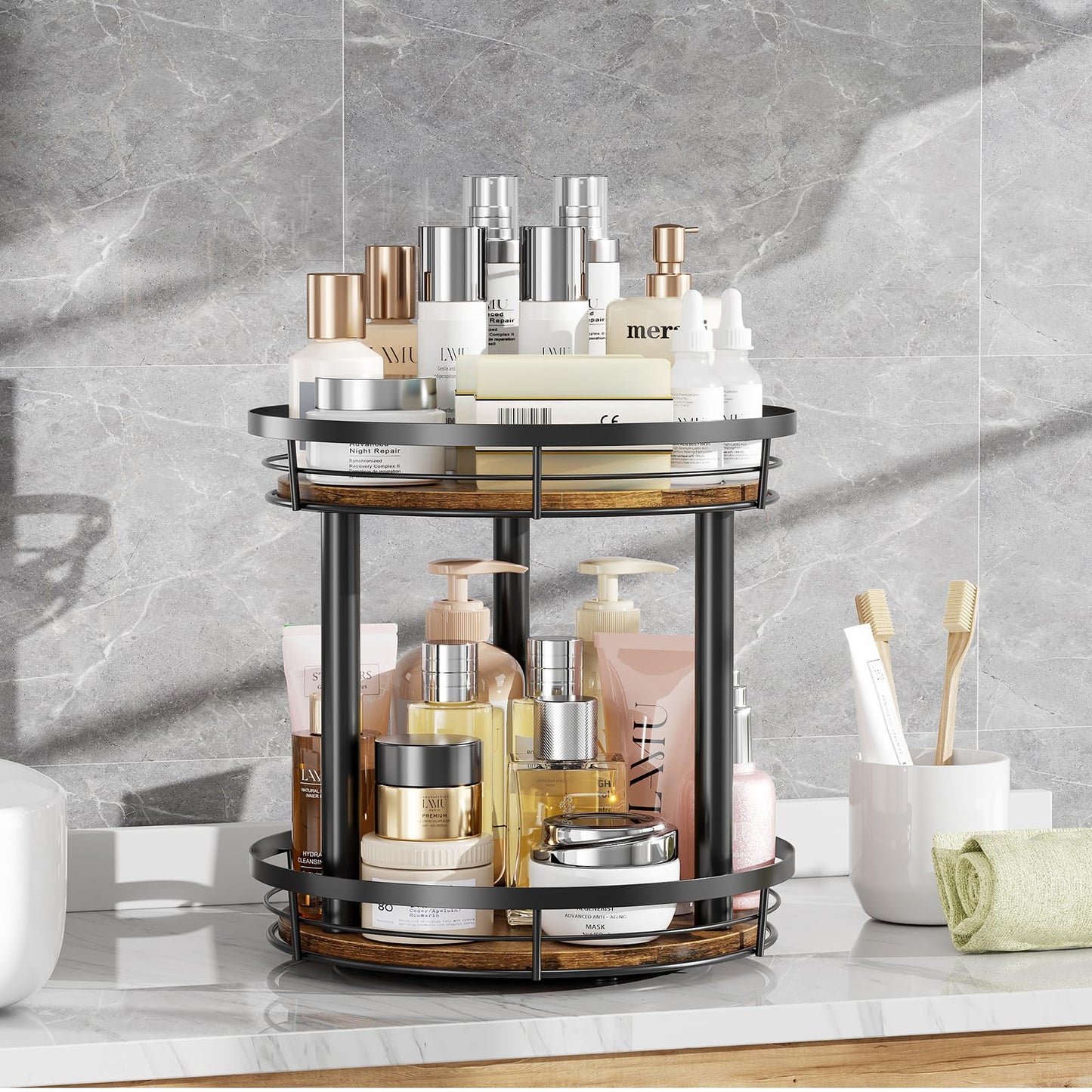 LAMU 10'' Wood Lazy Susan Spice Rack Organizer, 2 Tier Spice Organization for Cabinet, Countertop, Kitchen, Table Top, Pantry, Condiment and Seasoning Rack Organizer
