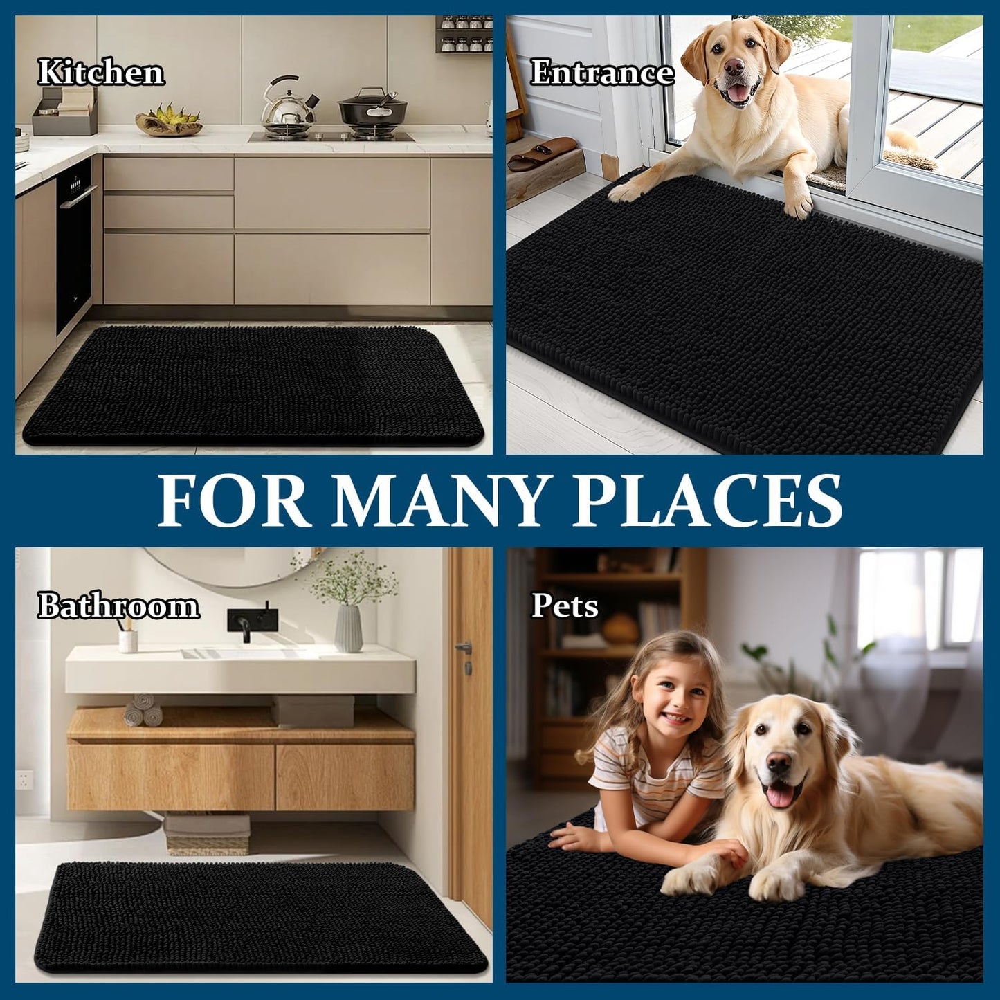 OLANLY Dog Door Mat - Absorbent Non-Slip Chenille Mat for Muddy Paws | 59x35 Inches, Quick Dry, Black