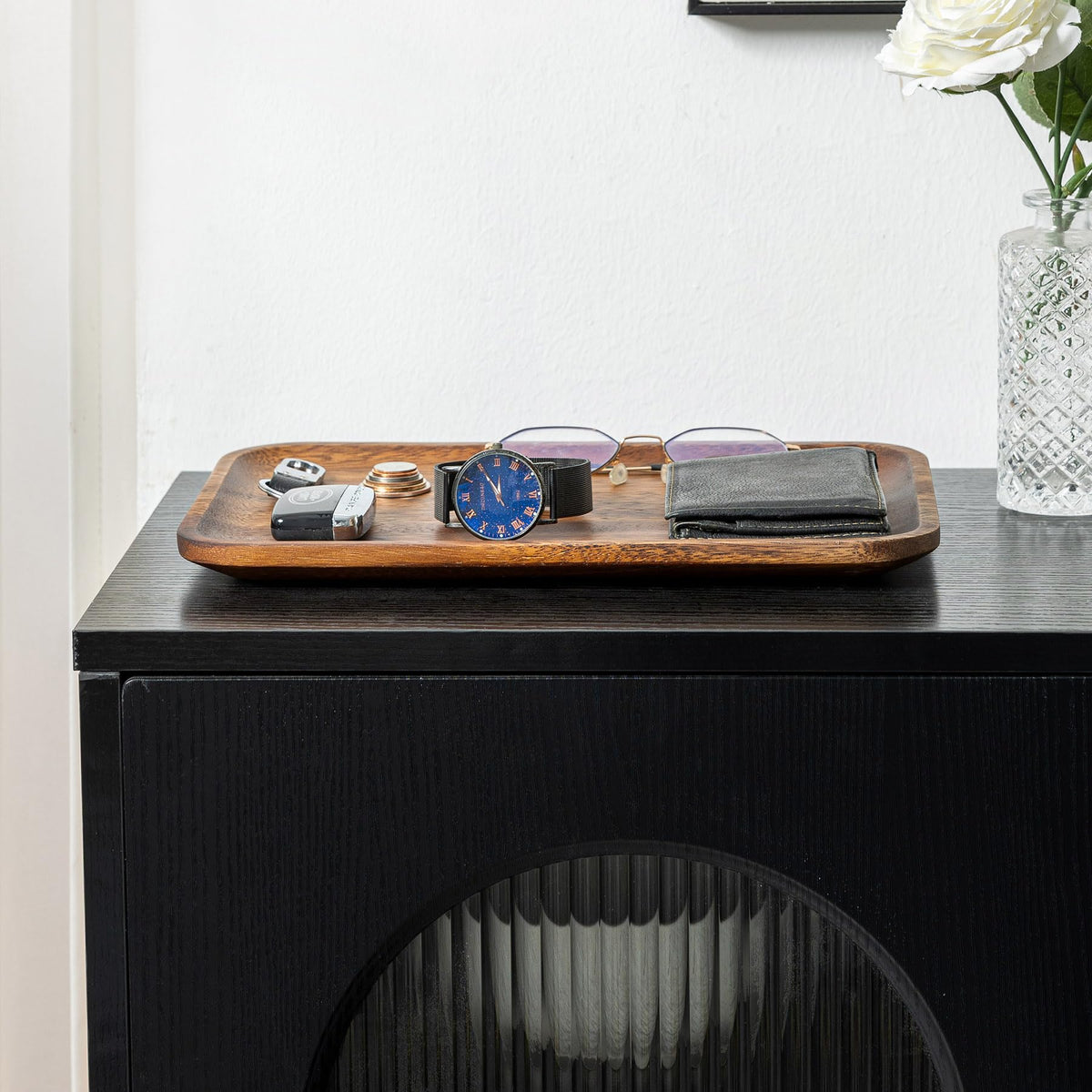 Velinjowy Serving Acacia Wood Valet Tray for Men Women, Catch All Acacia Mens Key Dump Bedside Nightstand Organizer EDC Decorative Wooden Tray for Phone Watch Wallet Keys Jewelry