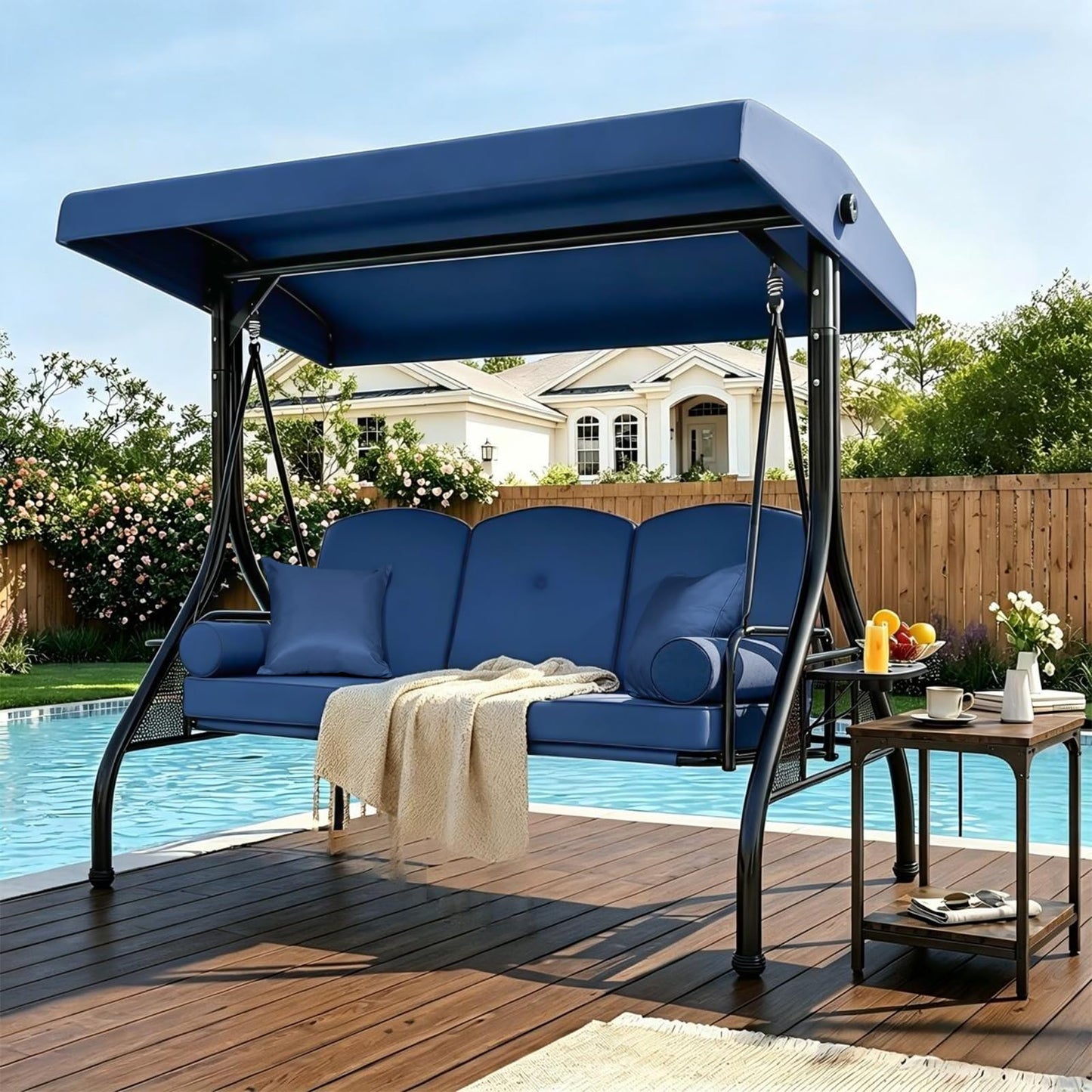 3-Seat Outdoor Porch Swing with Adjustable Canopy, Convertible 2-in-1 Patio Swing & Bed with Thick Cushions, Pillows & Cup Holders for Porch, Backyard & Garden (Blue)