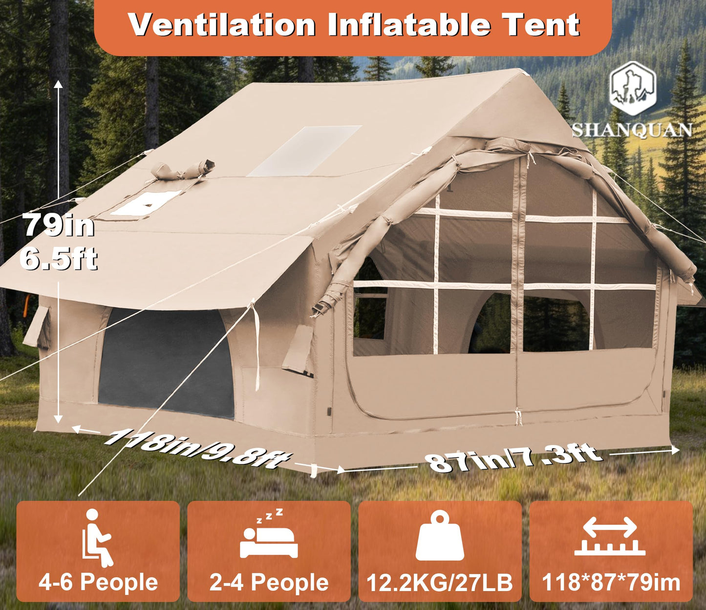 Inflatable Tents for Camping with Stove Jack,4-6 Person Easy Setup Blow Up Tents for 4 Seasons Waterproof Inflatable Camping Tent with Clear Skylight, Air House Glamping Tents for Adult