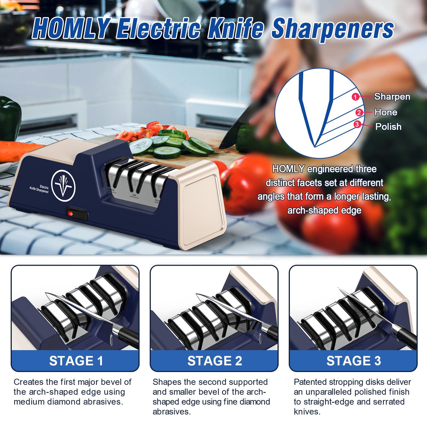 Homly Professional Electric Knife Sharpeners for Kitchen Knives with Diamond Abrasives and Precision Angle Guides, Multifunctional 3-Stage Slots, Applicable to Straight Knife and Ceramic Knife