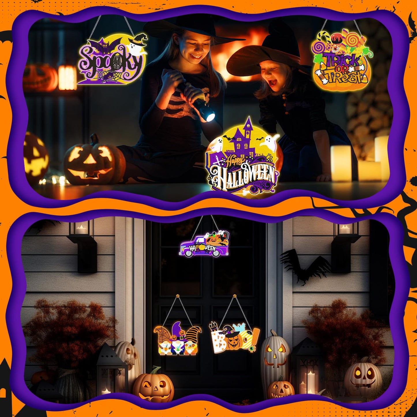 Chiisong 6 Pcs Halloween Diamond Art Painting Kits Hanging Sign Set Witch Pumpkin Gnome Glow in The Dark Diamond Art Painting Kits Halloween Hanger Adult 5d DIY Craft for Wall Door Window Porch Decor